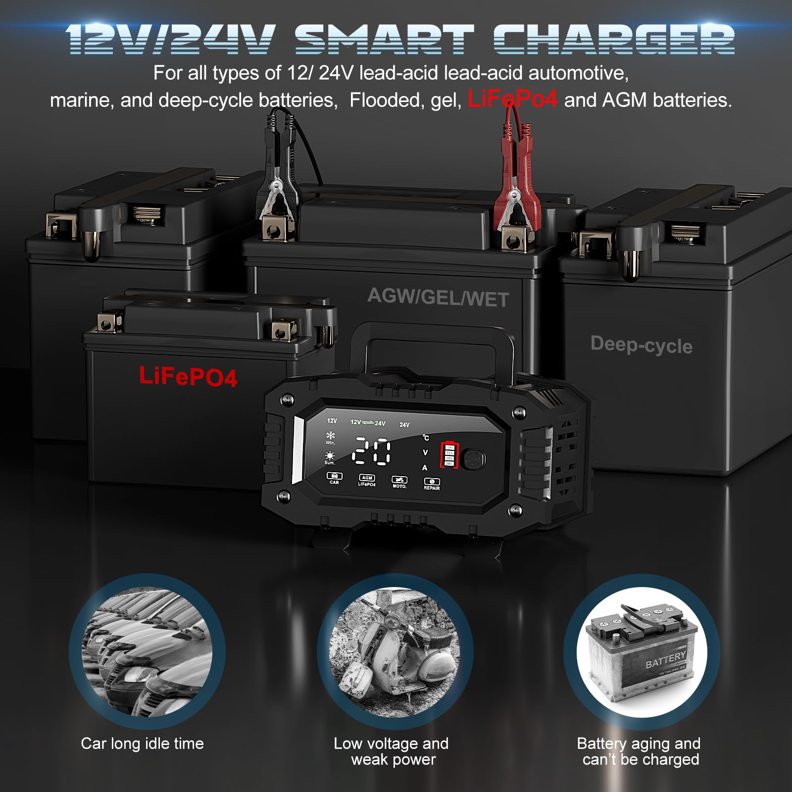 Ably Battery Charger 10-Amp - 12V And 24V Automotive Trickle Charger For Car Battery, Fully-Automatic Temperature Compensation,