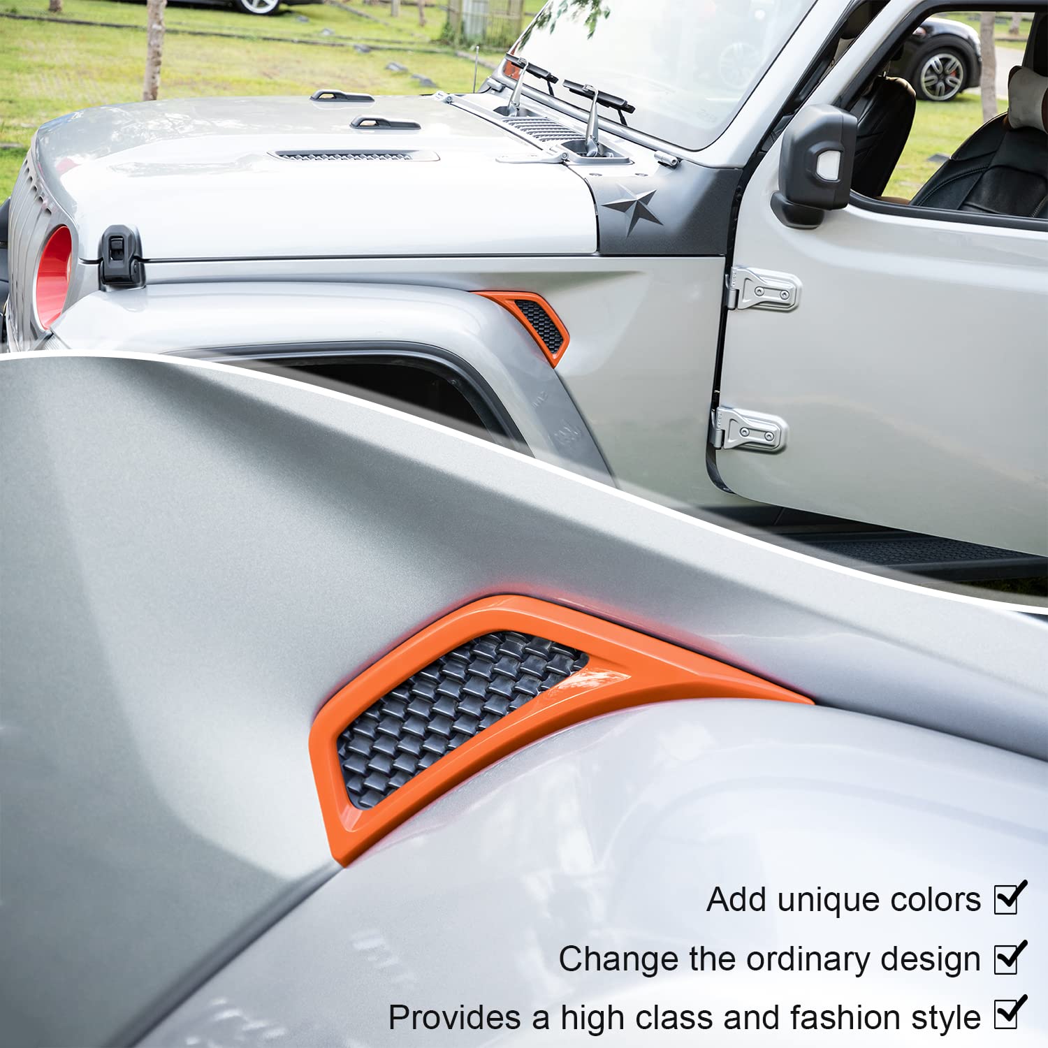 Bonbo 2Pcs Exterior Accessories Wheel Eyebrow Side Air Conditioning Vent Outlet Cover Trim For Jeep Wrangler Jl Jlu Sports Sahara Freedom Rubicon Unlimited Gladiator Jt 2018-2022 (Orange)