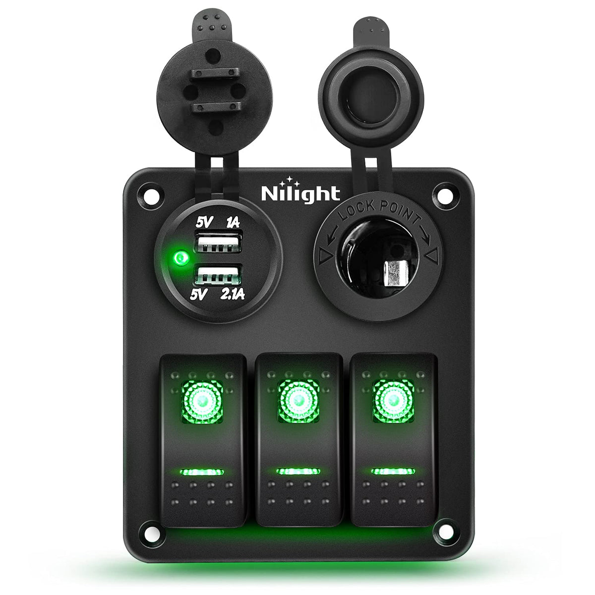 Nilight 3 Gang Rocker Switch Panel with USB Charger and Cigar Lighter 12V 24V Toggle Switch ON Off Rocker Switch Green with Nigh