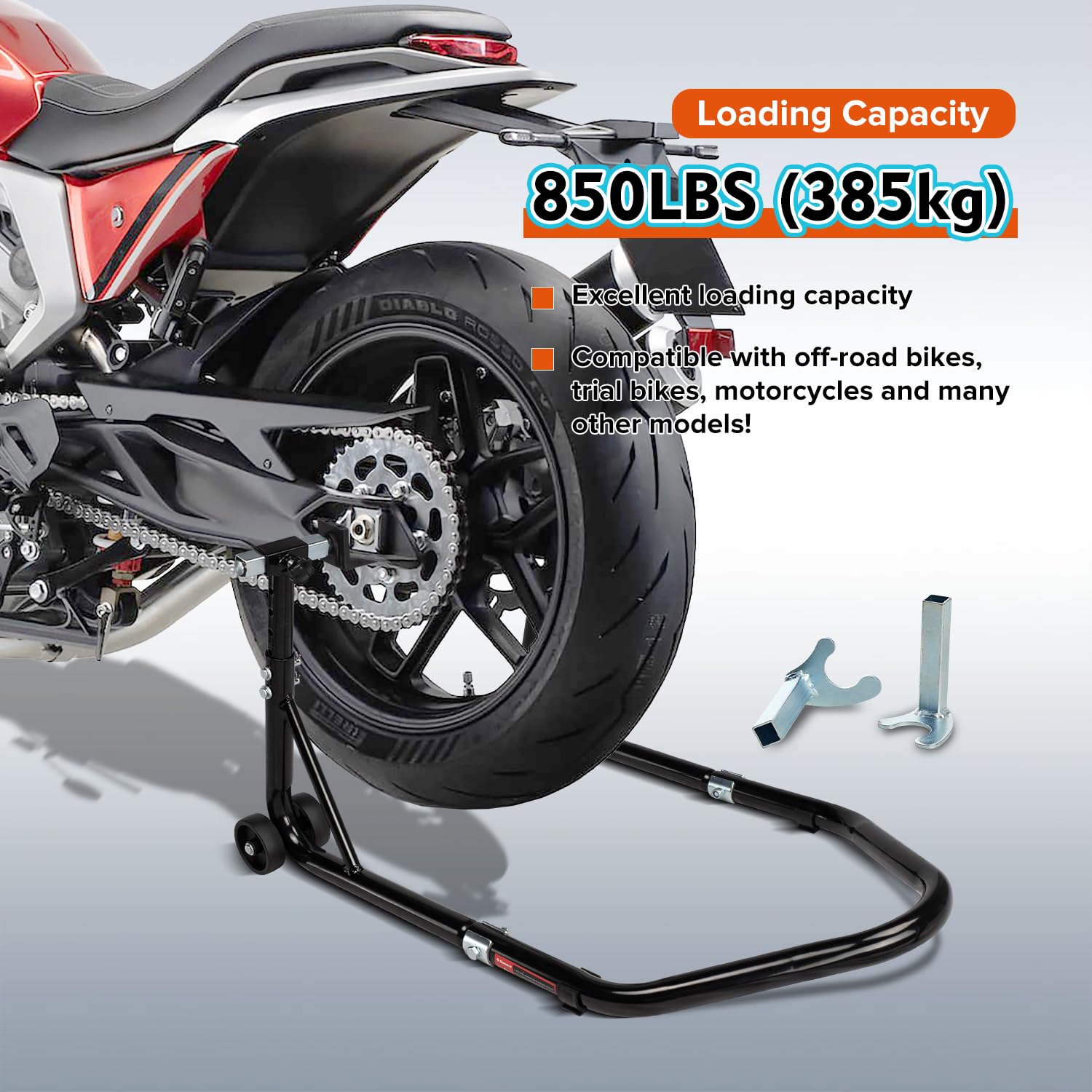 Donext Motorcycle Stand 850Lb Adjustable Sport Bike Rear Wheel Lift Swingarm Paddock Stands Black, 5 Adjustable Heights, U+L