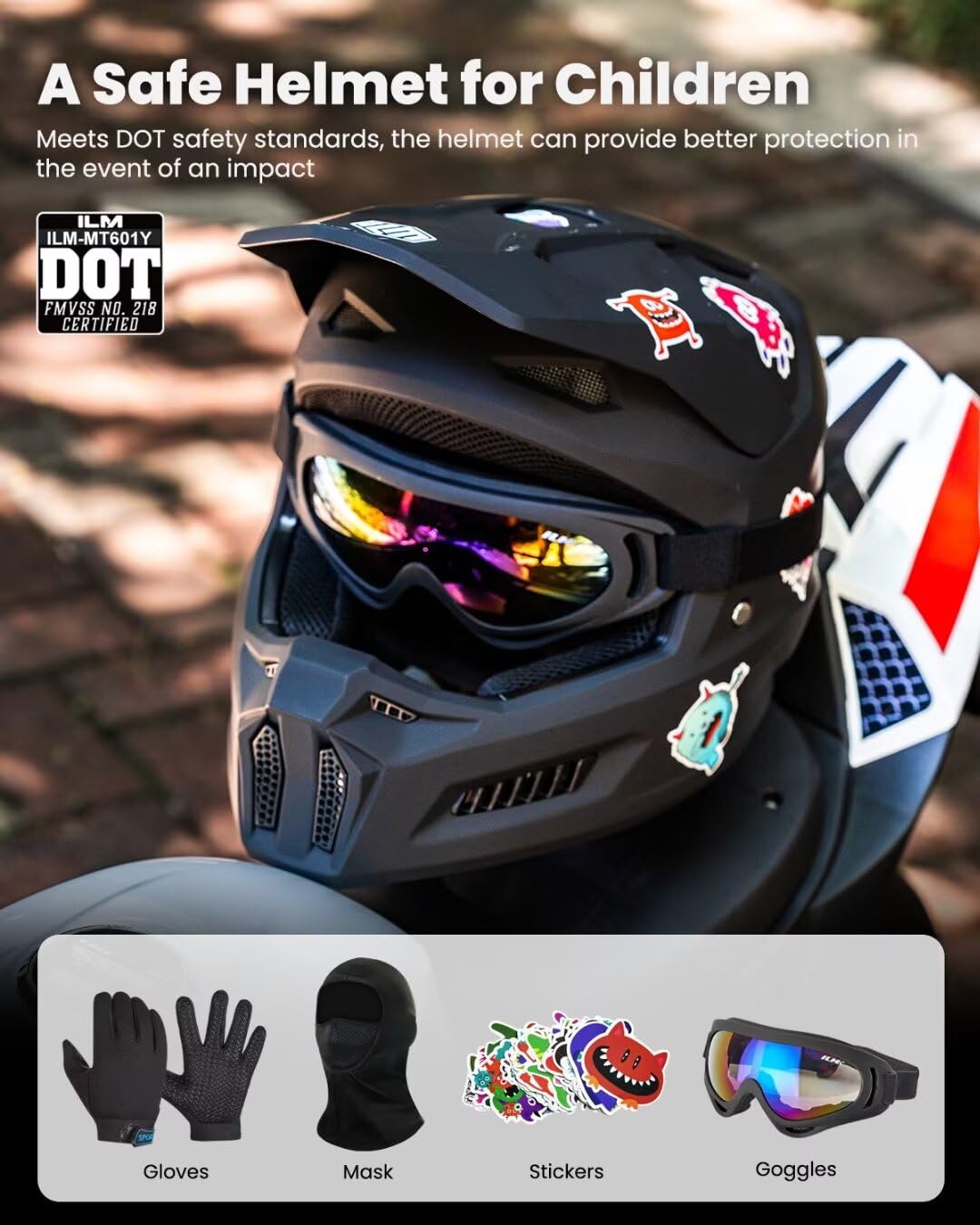 ILM Youth Dirt Bike Helmets with Stickers Kids ATV Helmet Motocross BMX Off Road Motorbike with Goggles Gloves Mask DOT Model MT