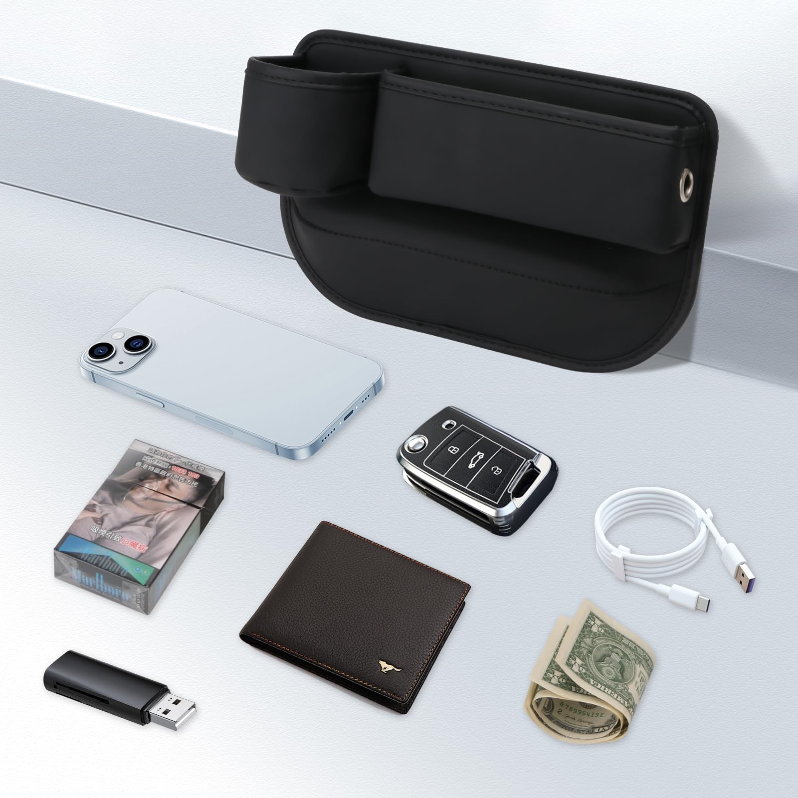 LINPING Car seat gap filler organizer,2024 Universal New Seat Gap Storage Box, Car Leather Cup Holder Gap Bag for Glasses Phones