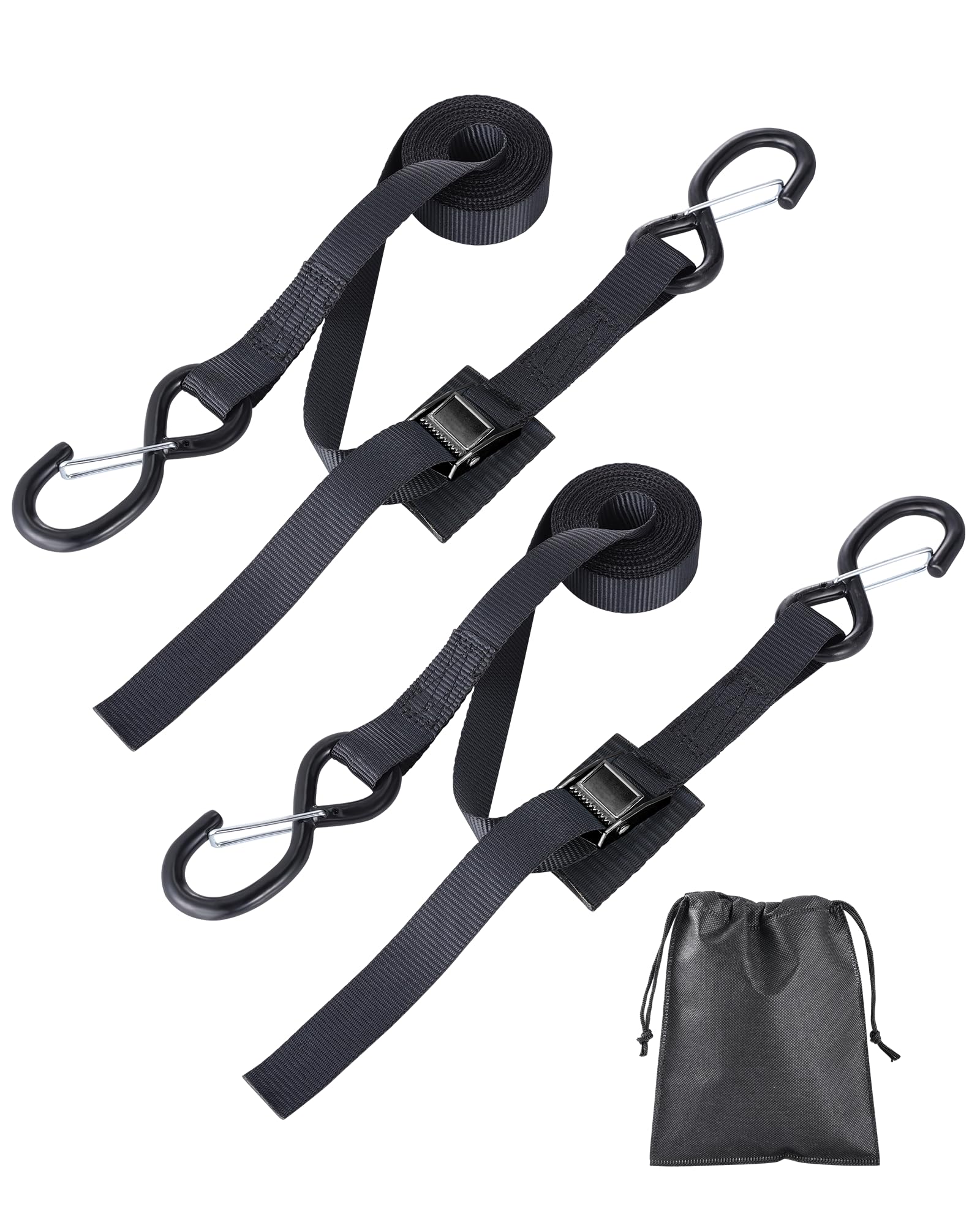 Upgraded 1'' X 8' Tie Down Straps, Cargo Roof Rack Strap Cam Buckle With Hooks, Heavy Duty Secure Strap, Black - Pack Of 2