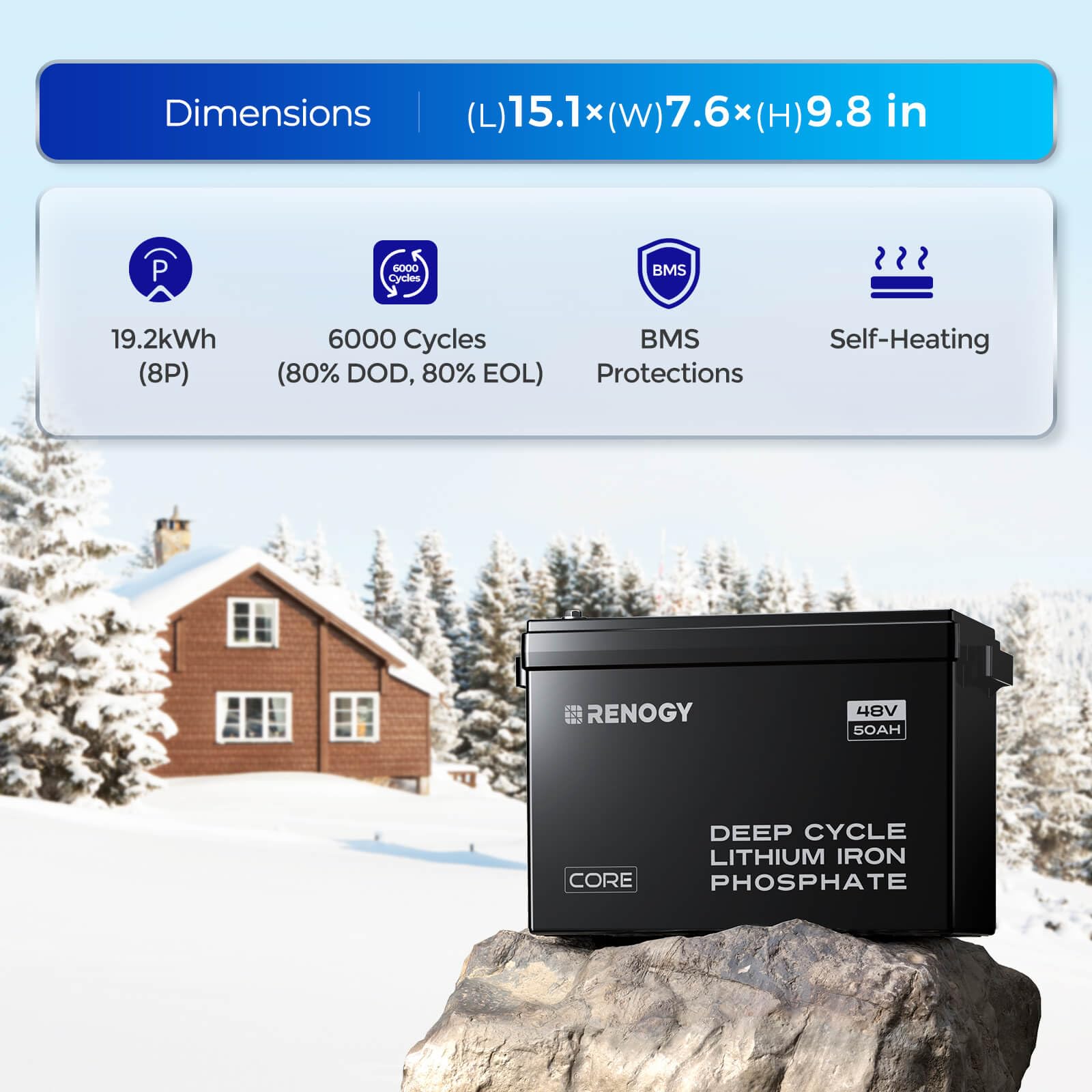 48V 50Ah Smart Lithium Iron Phosphate Battery, More than 6000 Cycles, Intelligent Self-Heating, Expandable Power for RV, Marine,