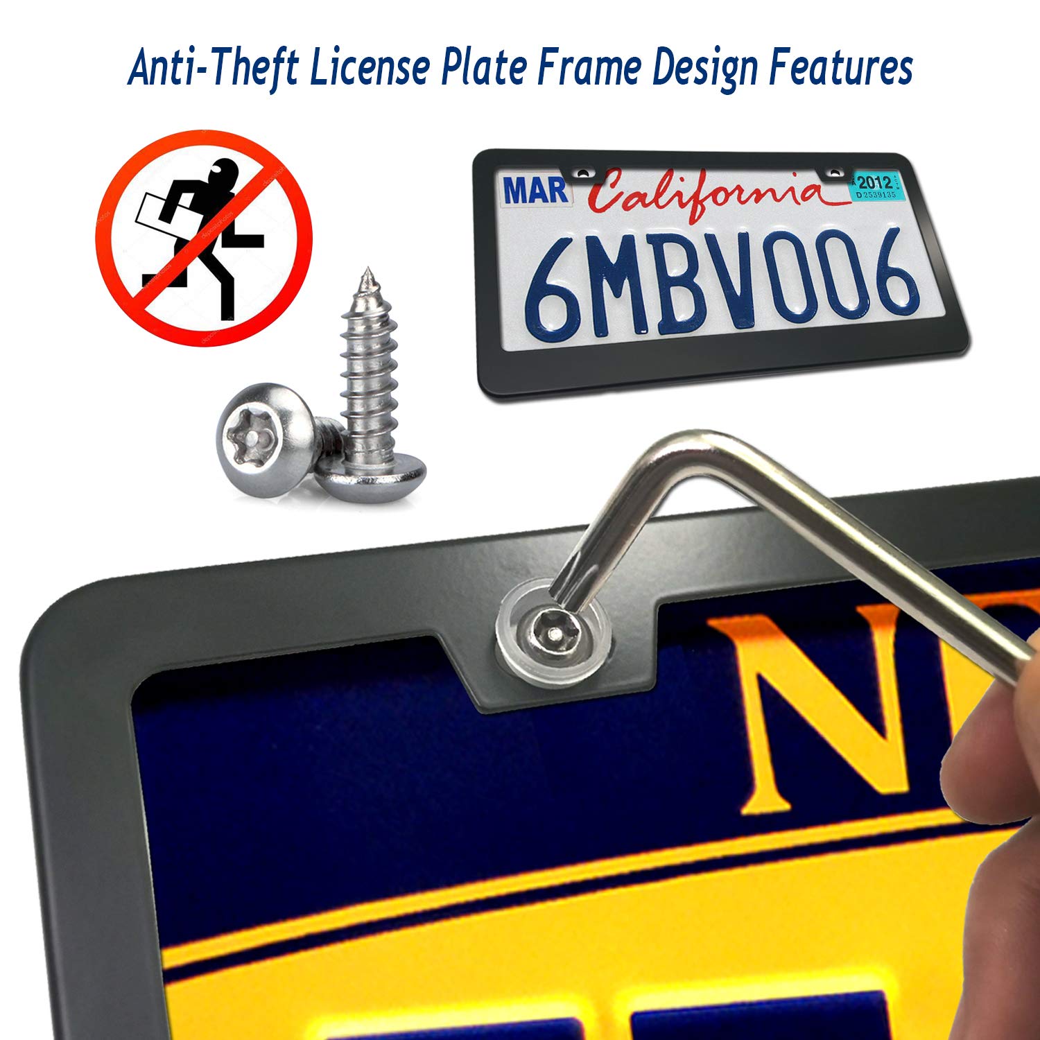 Aootf Anti Theft License Plate Frame- Tamper Proof Black Aluminum Car Tag Holder, 2 Pack Heavy Duty Universal Cover For Front And Rear, Stainless Steel Lock Security Screws(Self-Tapping), Nuts, Caps