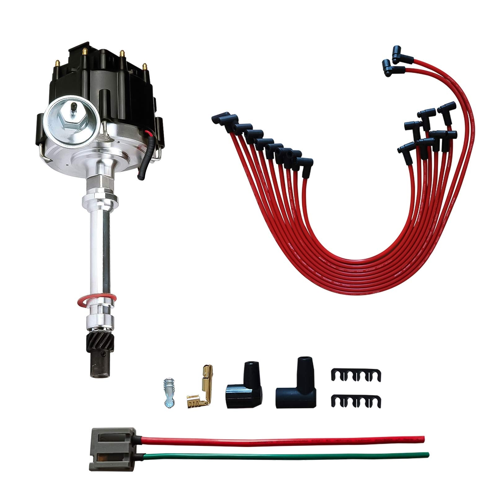 MAS Performance HEI Distributor & Spark Plug Wires & Free Pigtail Wire Harness Combo Kit Compatible with Chevy GMC SBC 305 350 B