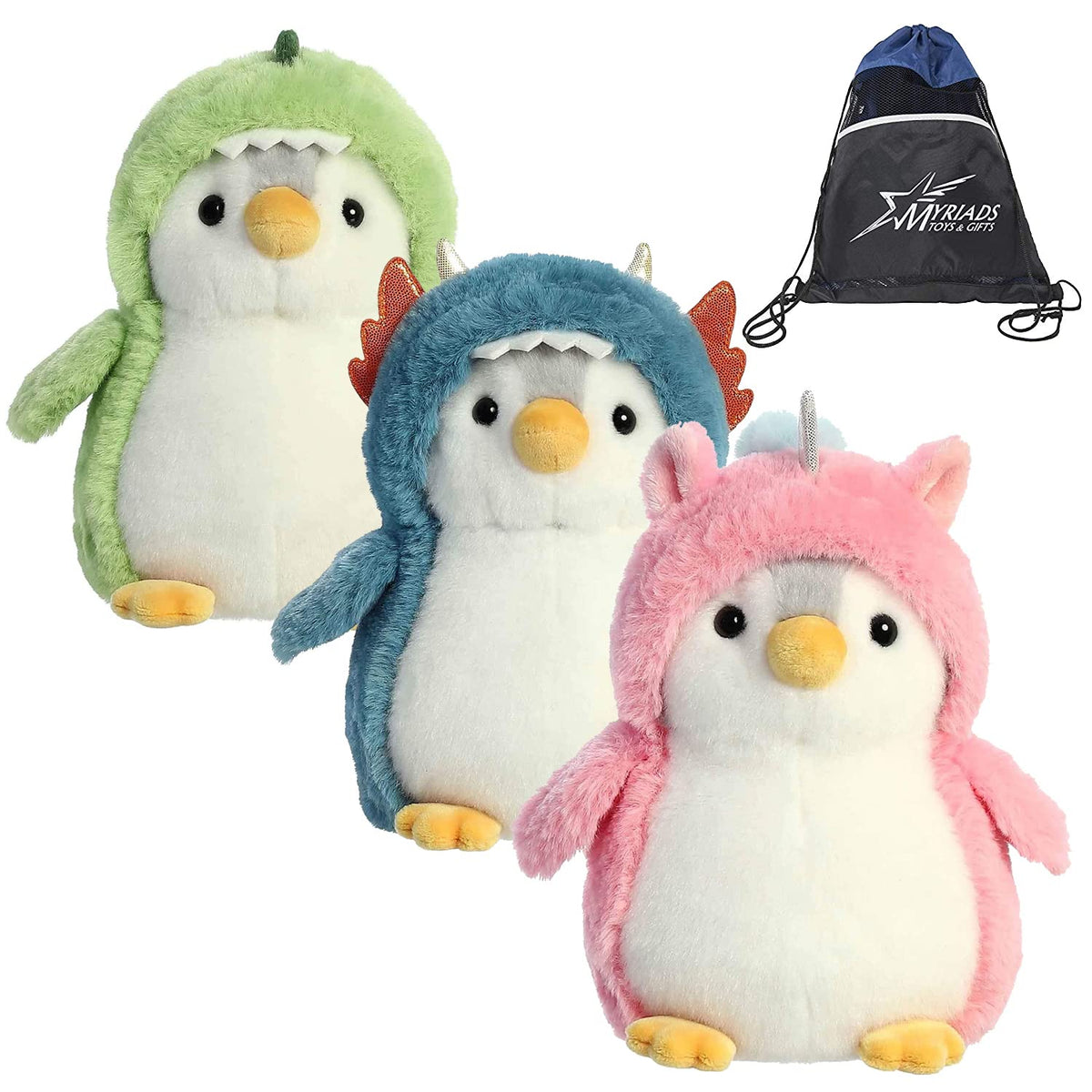Aurora Pompom Penguin Plush Set Of 3: Pompom Dino, Pompom Dragon, And Pompom Unicorn, 7 Inches