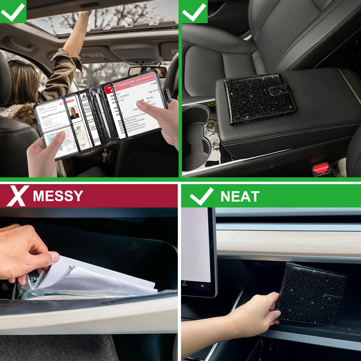 Yaviv Car Registration And Insurance Holder, Premium Leather Car Document Organizer Cool Car Accessories For Cards, Essential Document And Driver License, Black Glitter