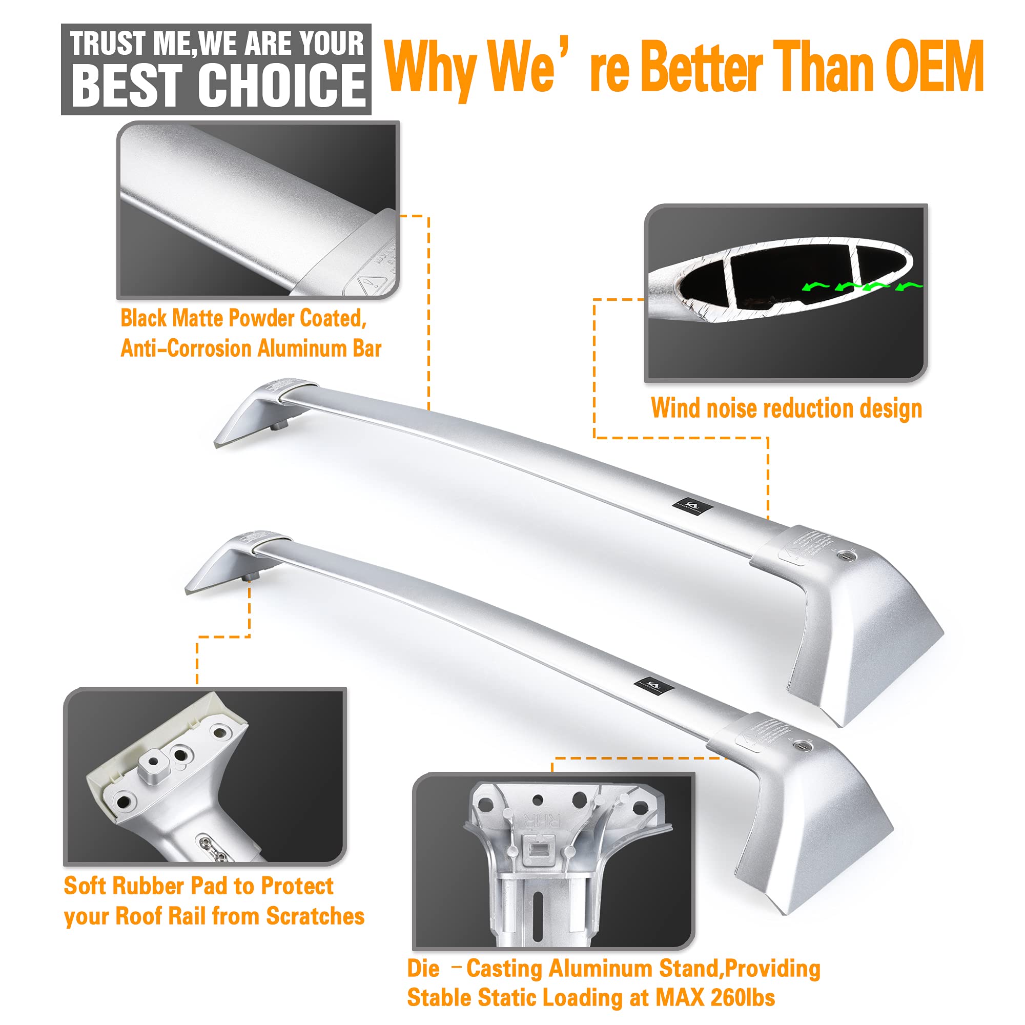 Autekcomma Silver Heavy Duty Roof Rack Crossbar Replacement For Toyota Highlander 2020-2025 Xle Limited Platinum,Anti Theft Mechanism Lock With Max 260 Lbs Loading Weight Crossbar(Sold As 1 Pair)