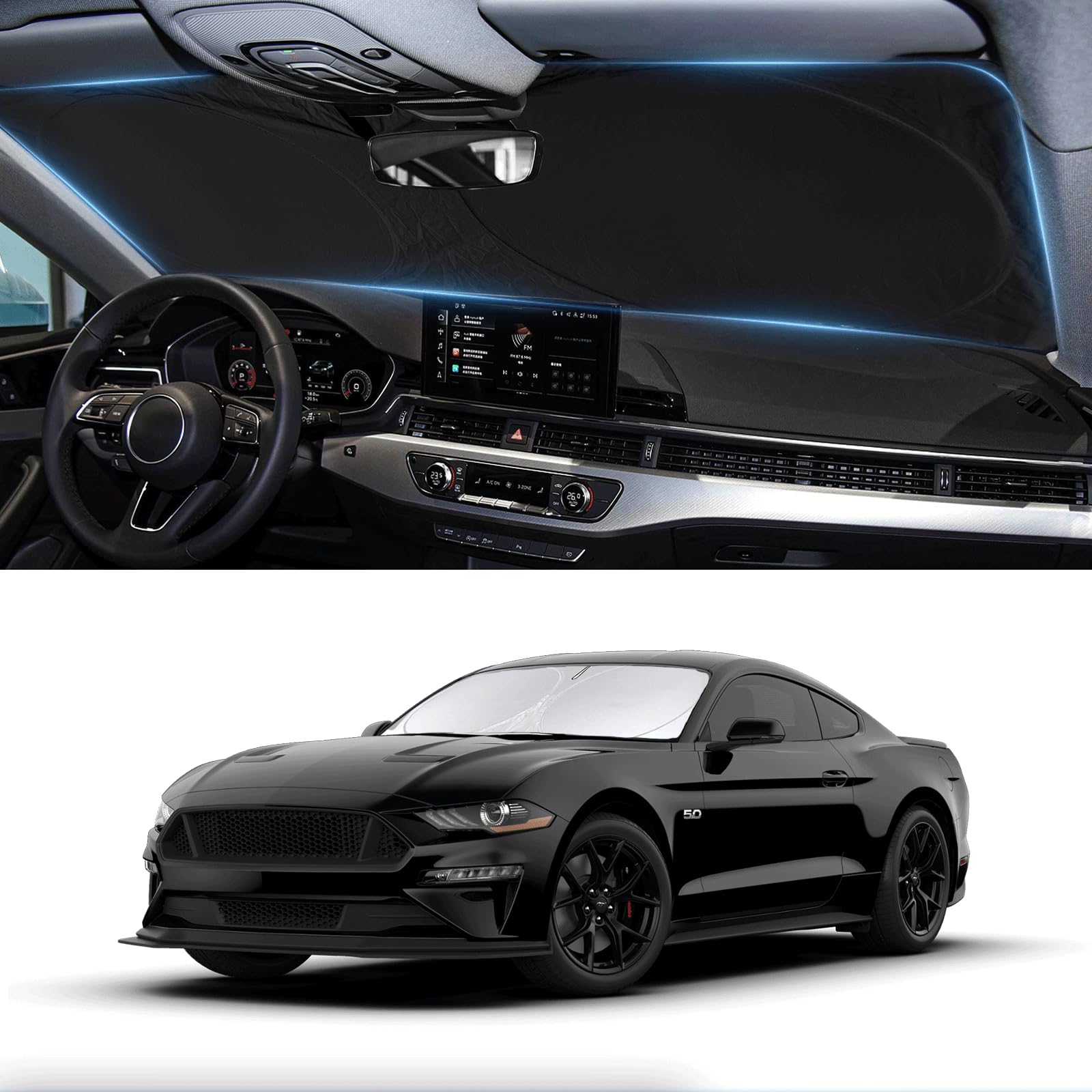 Sunshade For Mustang 2015-2024 2025 Ford Windshield Sun Shade (Not For Ford Mustang Mach-E Accessories Foldable Front Window Shi
