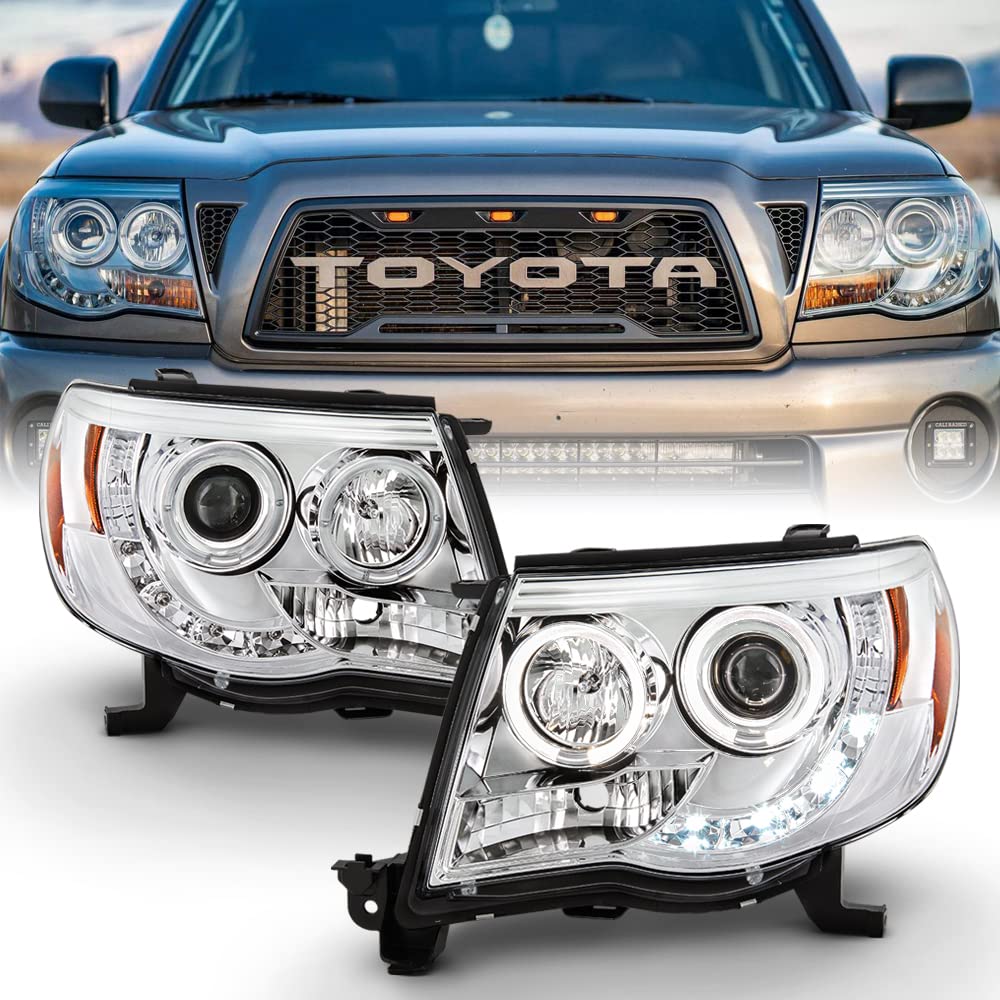 Acanii - For 2005-2011 Toyota Tacoma Led Drl Halo Ring Chrome Housing Projector Headlights Headlamps, Driver & Passenger