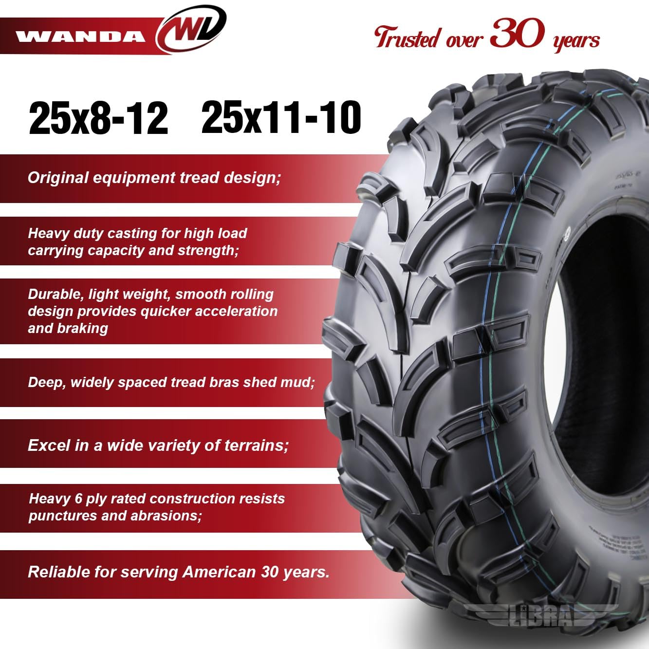Wanda Utv Atv Tires 25X8-12 Front & 25X11-10 Rear /6Pr P373 Lit Mud