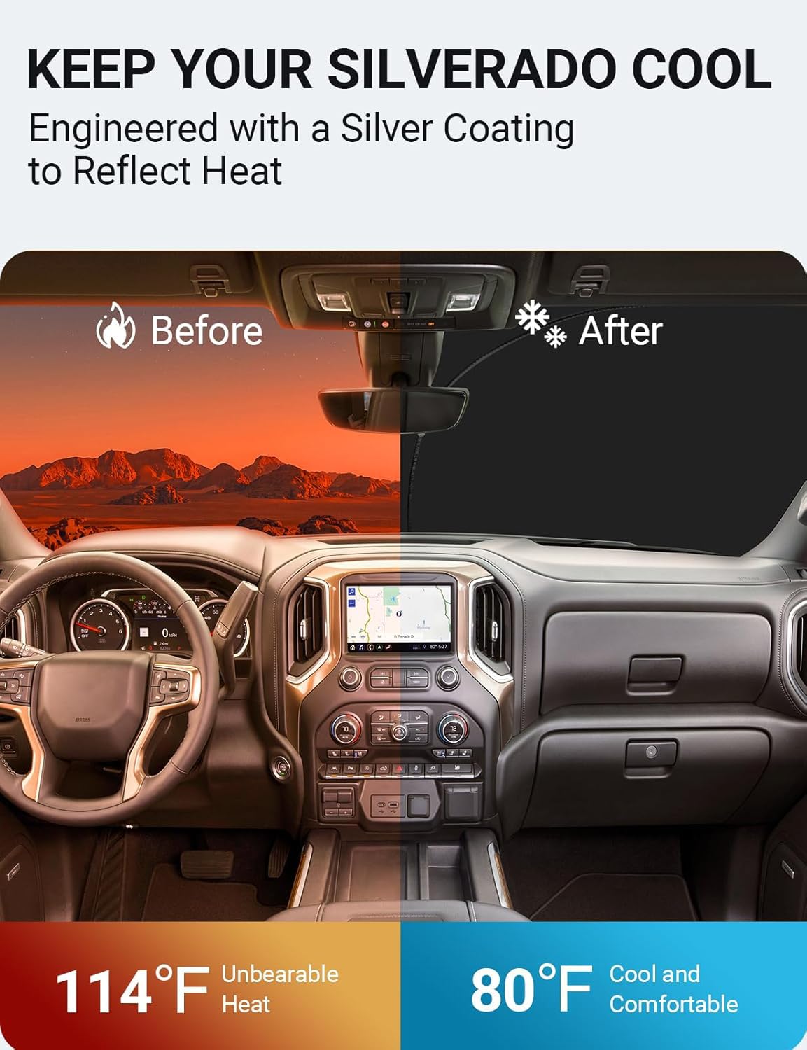 Front Windshield Sunshade Foldable Sun Shade Protector Custom Fit 2018 2017 2016 2015 2014 Silverado 1500, Regular Cab, Crew Cab