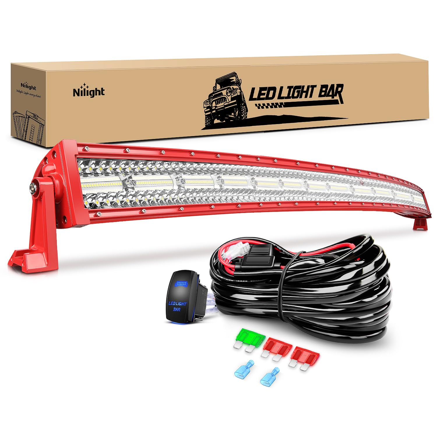 Nilight Led Light Bar 50 Inch Triple Row Spot Flood Combo Lights Red Shell With Wiring Harness Kit For Fog Driving Work Lighting