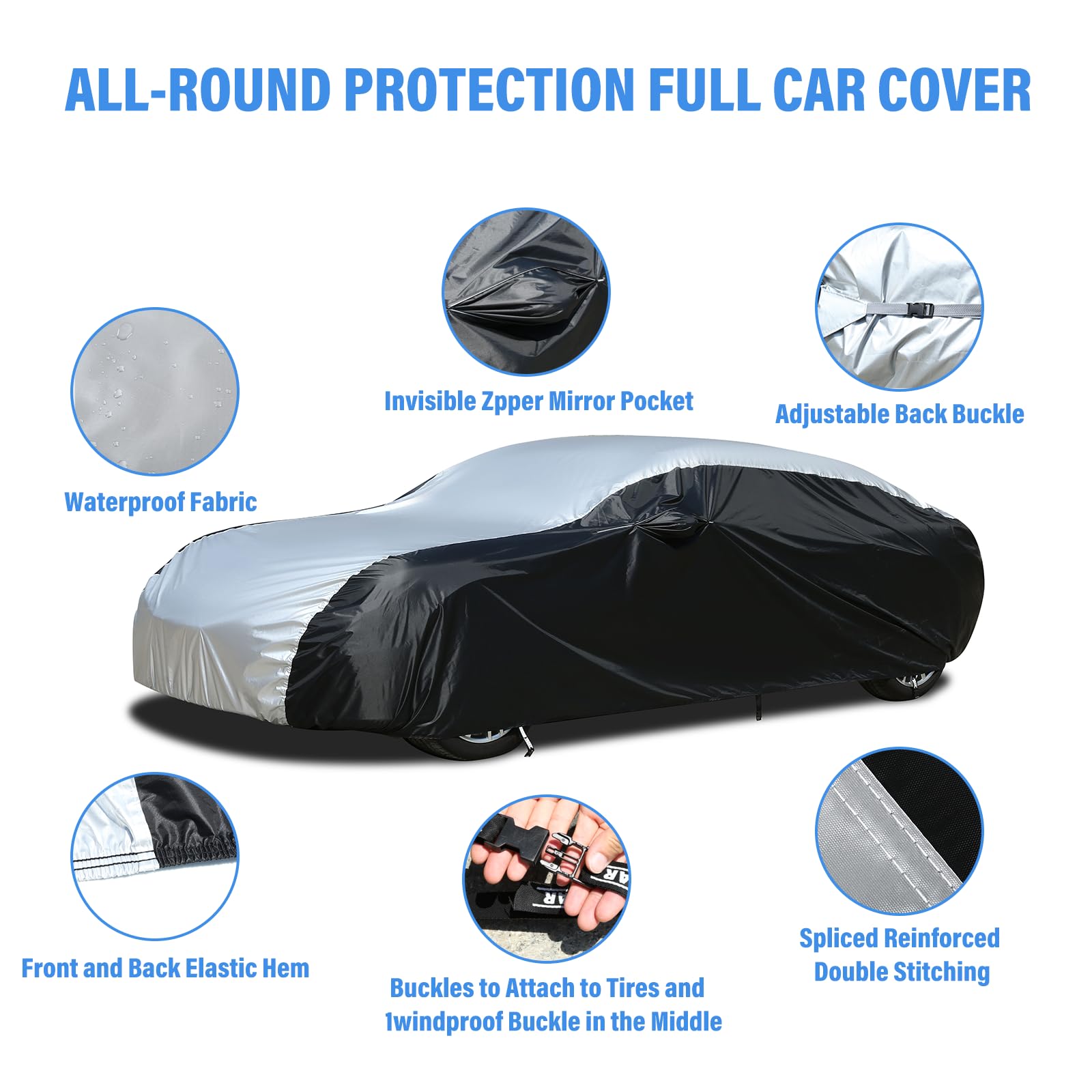 Car Cover Waterproof All Weather, Coverado Outdoor Full Car Covers With Invisible Zipper Mirror Pocket, Rain Sun Uv Wind Protect