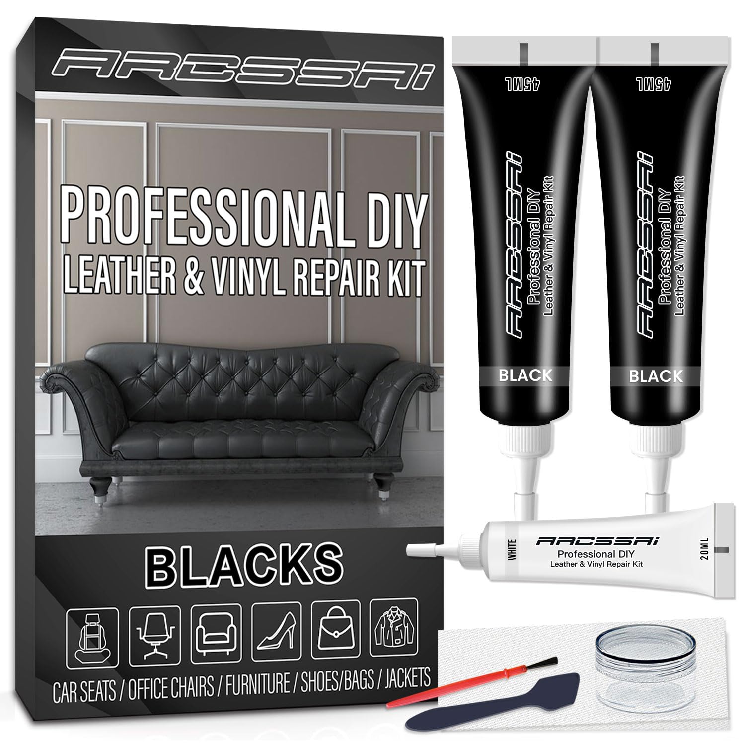 Arcssai Black Leather Repair Kit For Furniture, Gray & Black Car Interior, Car Seats, Sofa, Jacket And Purse, Vinyl Repair Kit F