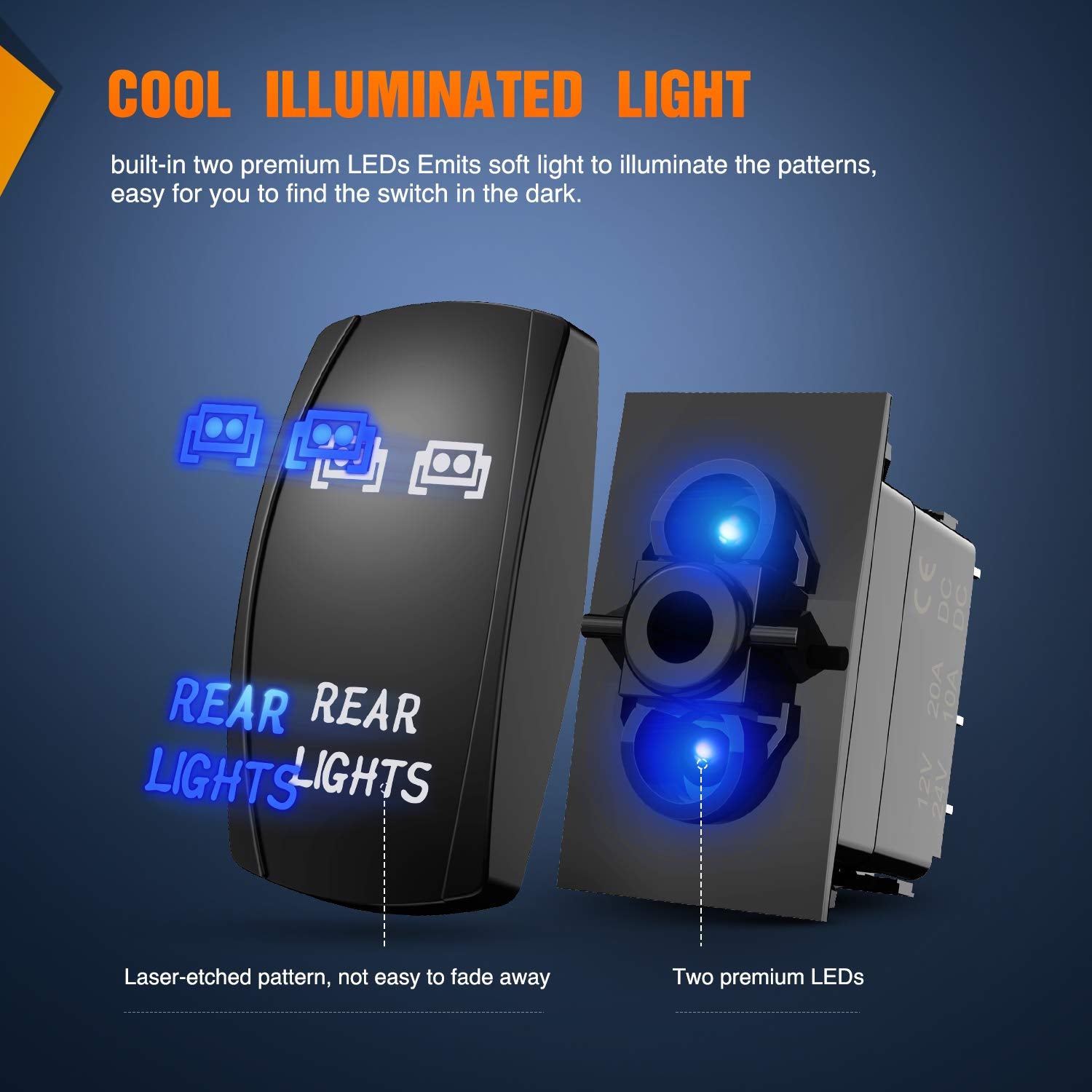 Nilight NI-RS05 LED Rocker Switch 5Pin, 20A/12V, 10A/24V, Blue, Rear Lights, Plastic, 2-Year Warranty