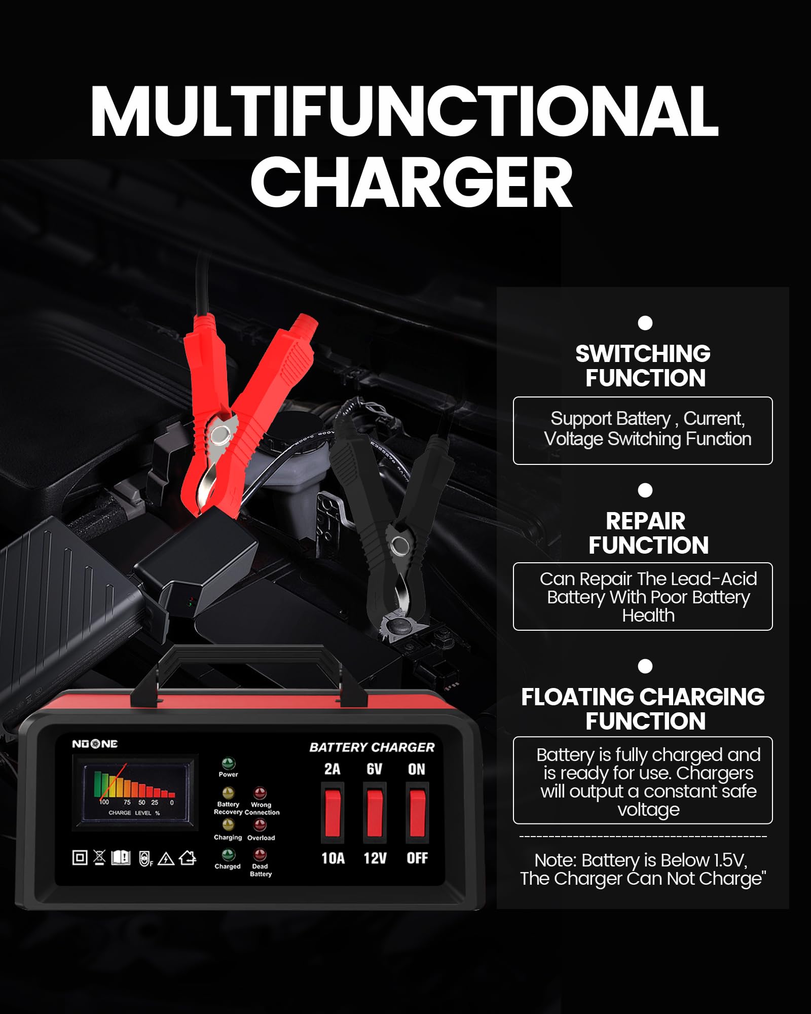 Noone 2A/10A Car Battery Charger, 6V/12V Battery Charger Automotive, Motorcycle Trickle Charger, Desulfator Float Charger And For Agm, Efb, Std,Lead Acid Batteries