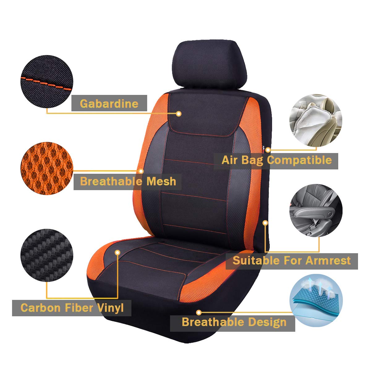 Flying Banner Car Seat Covers Quality Carbon Fiber Faux Leather Mesh Fabric Sport Low High Back Bucket Back Pocket Arm Rest Car Suv Truck Pick Up (2 Fronts - Low Bucket, Orange)