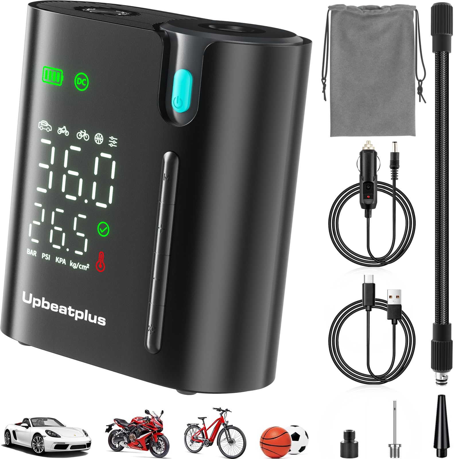 Upbeatplus T1 Portable Tire Inflator With 160 Psi, 4X Faster Air Pump, Wireless Car Tire Inflator With Pressure Gauge, Suitable