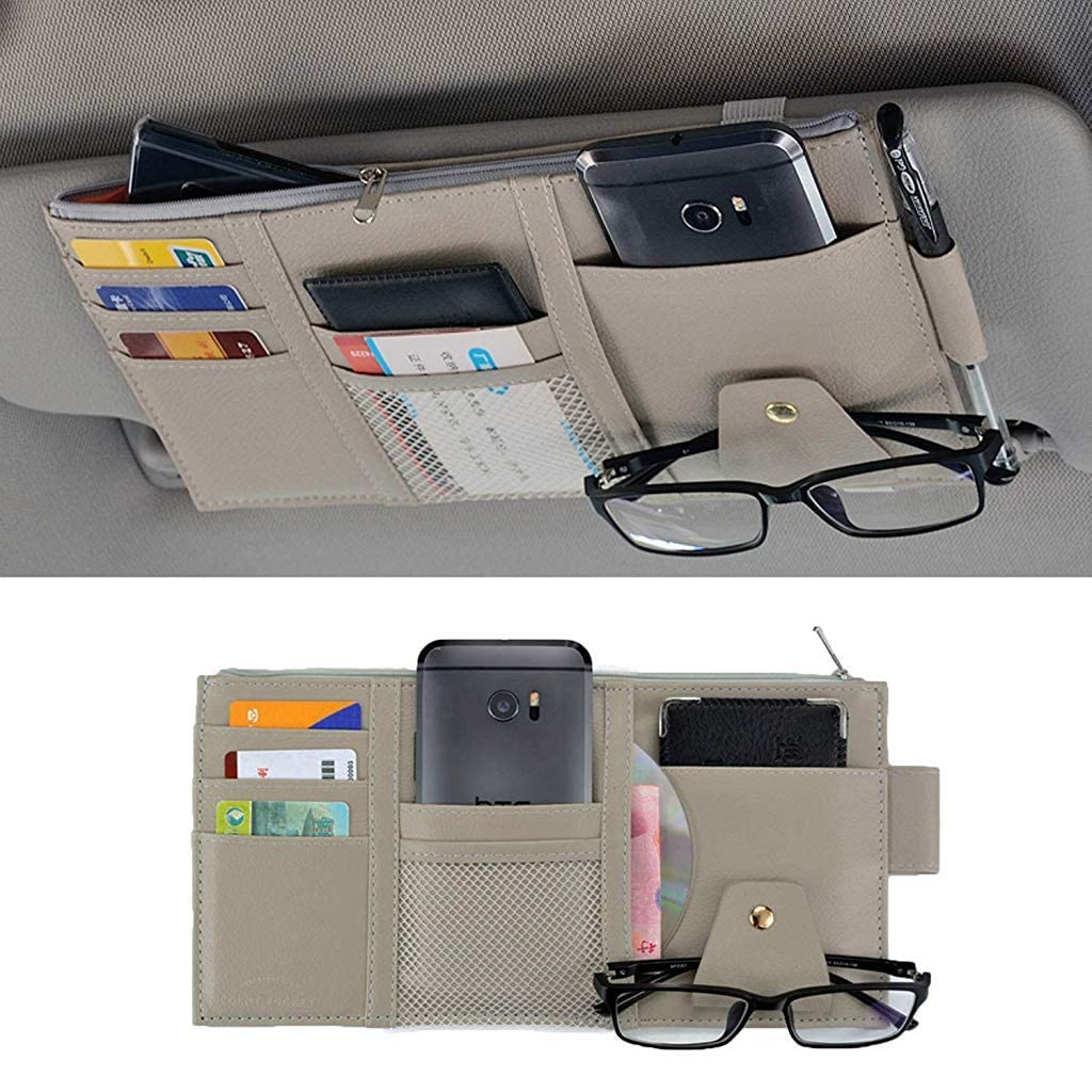 Car Sun Visor Organizer with Zipper & Multi Pockets | Card, Glasses, Pen & Document Holder for Easy Access While Driving (Grey)