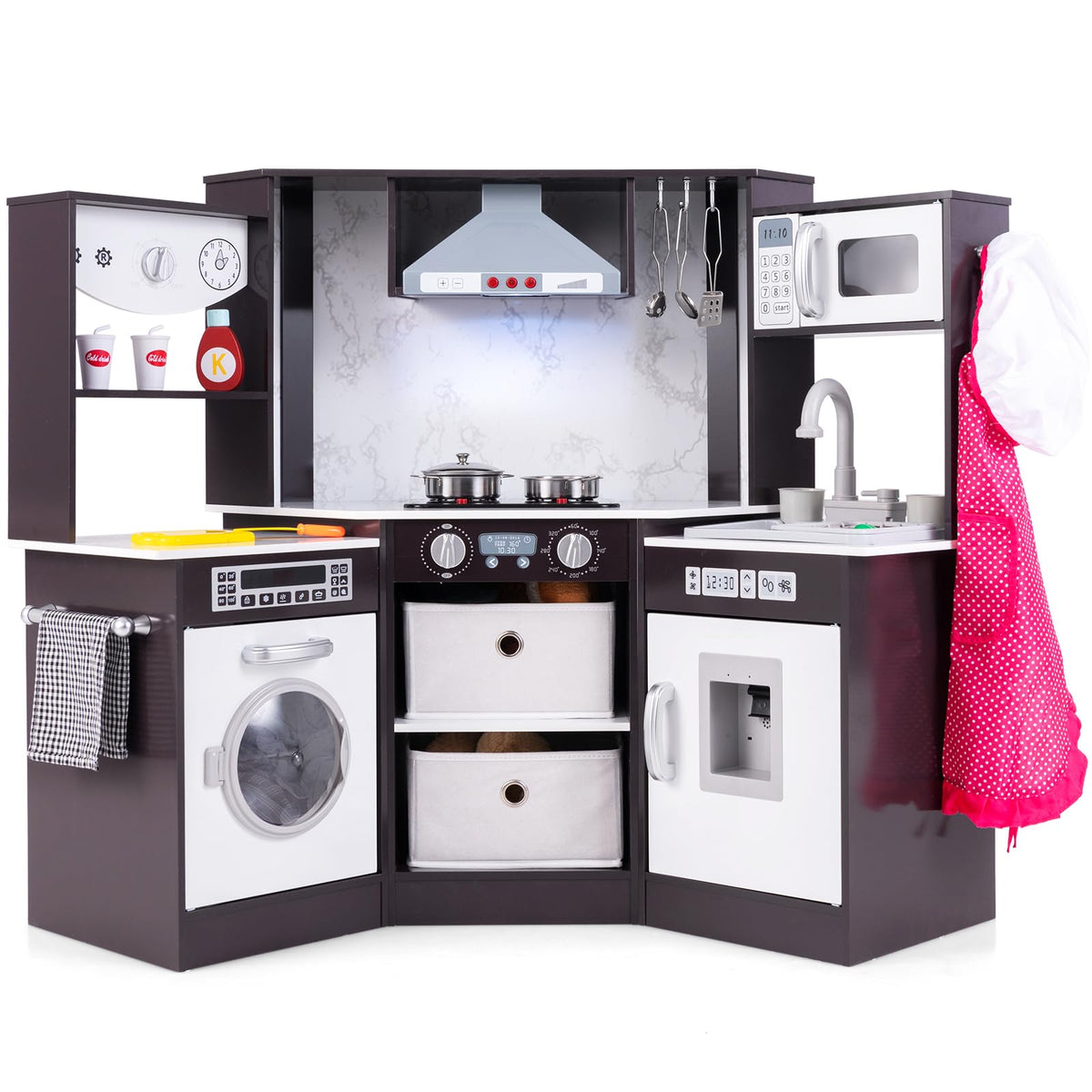Honey Joy Corner Kids Kitchen Playset, Wooden Play Kitchen For Toddlers, Range Hood, Water Circulation, Water Dispenser, Storage