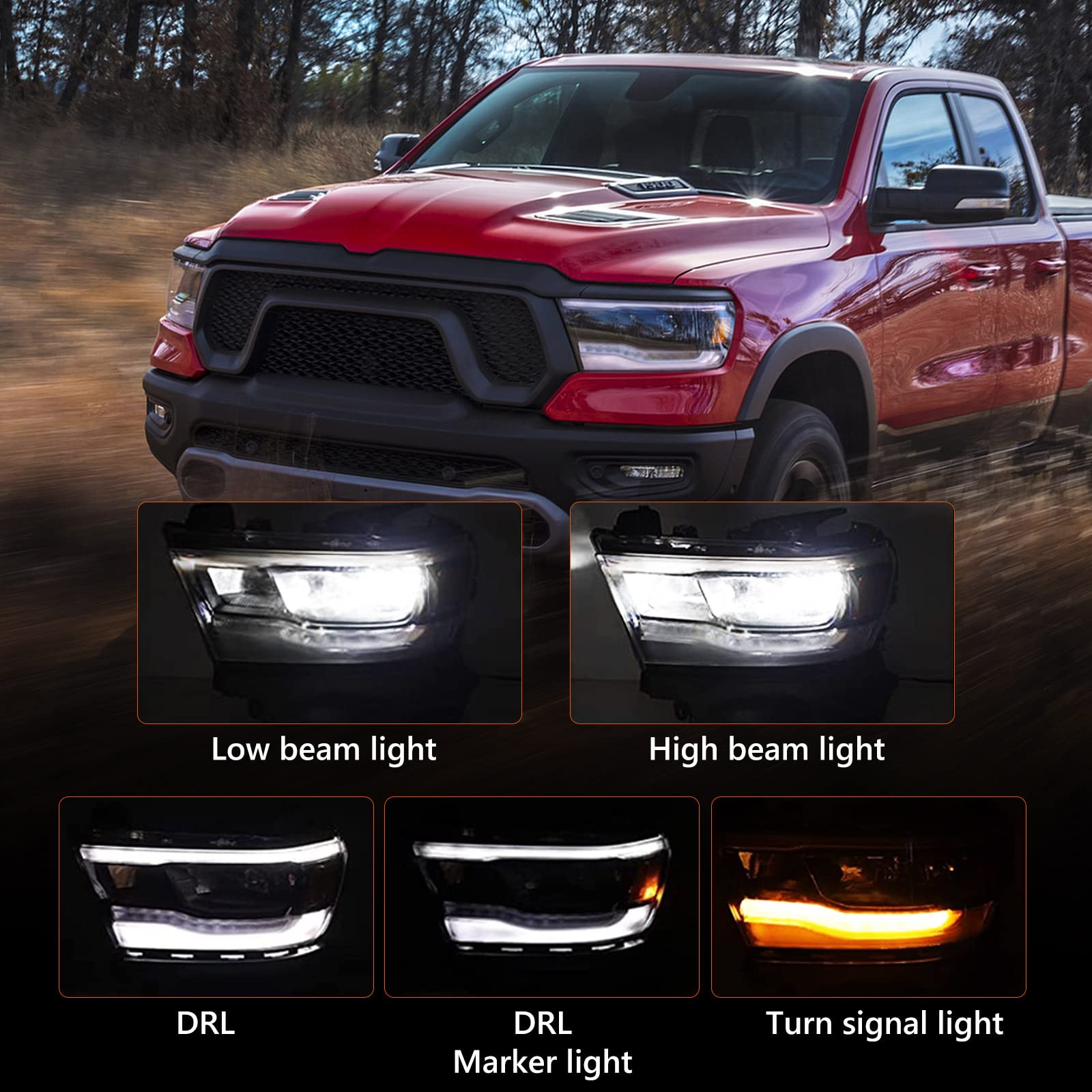 Fione Led Headlight Assembly Compatible With Dodge Ram 1500 2019-2022 Black Cover Headlamp Right Passenger Side 68533274Aa Ch2503320