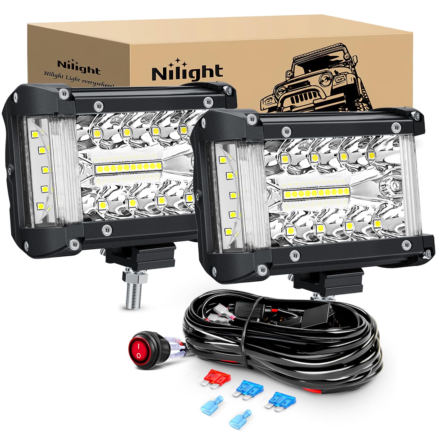 Nilight Side Shooter Led Light Bar 2Pcs 4.3Inch Triple Row Spot Flood Combo Lights Led Work Light With Wiring Harness Kit For Of