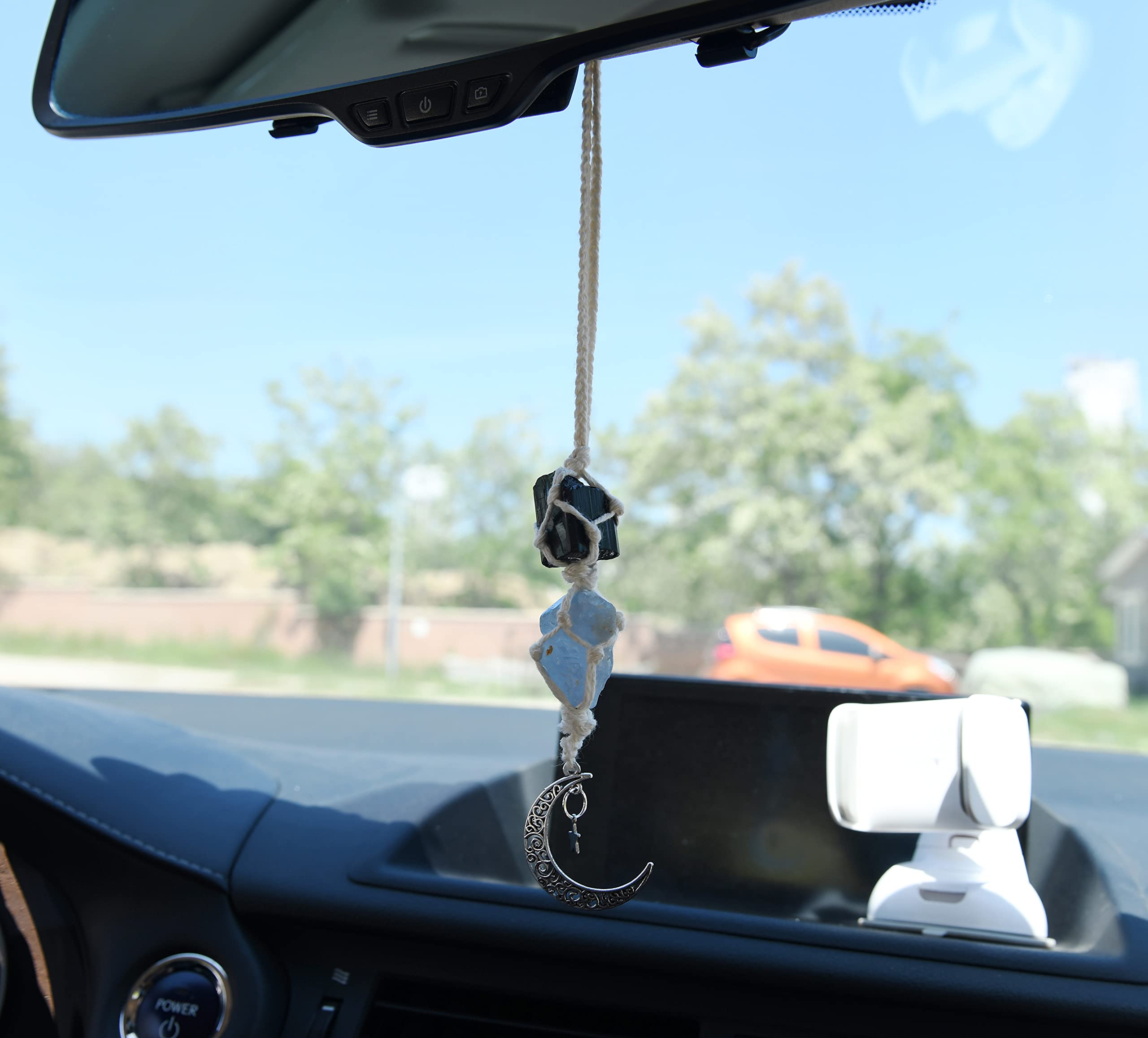 Boho Garden Hanging Car Charm - Black Tourmaline & Blue Calcite - Dangling Moon & Healing Crystal Accessories, Rearview Mirror Decorations - Confidence, Calmness, Creativity, Protection, Communication