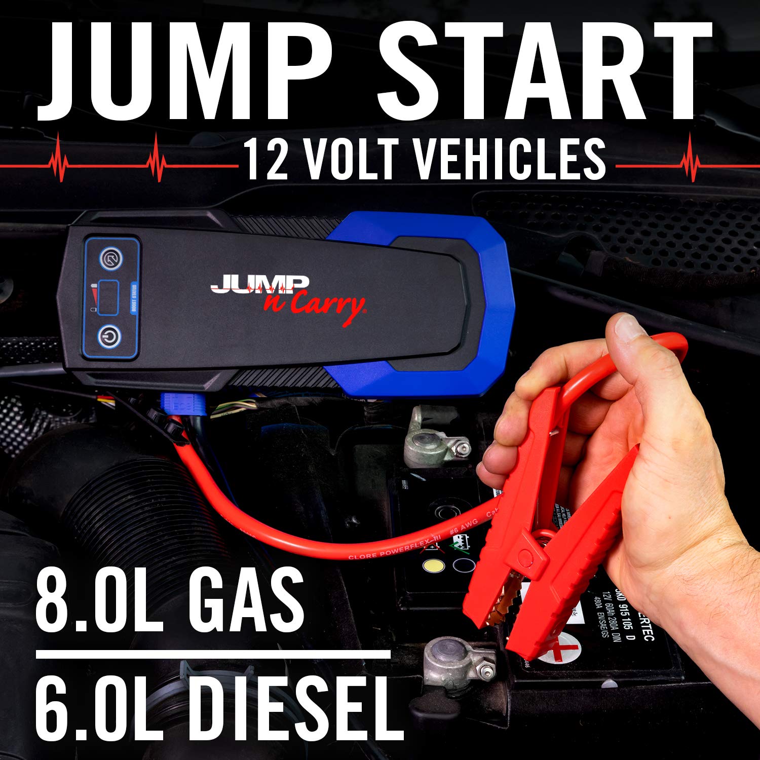 Clore Automotive Jnc325 Jump-N-Carry 2000A 12 Volt Jump Starter For Up To 8.0L Gasoline And 6.0L Diesel Engines