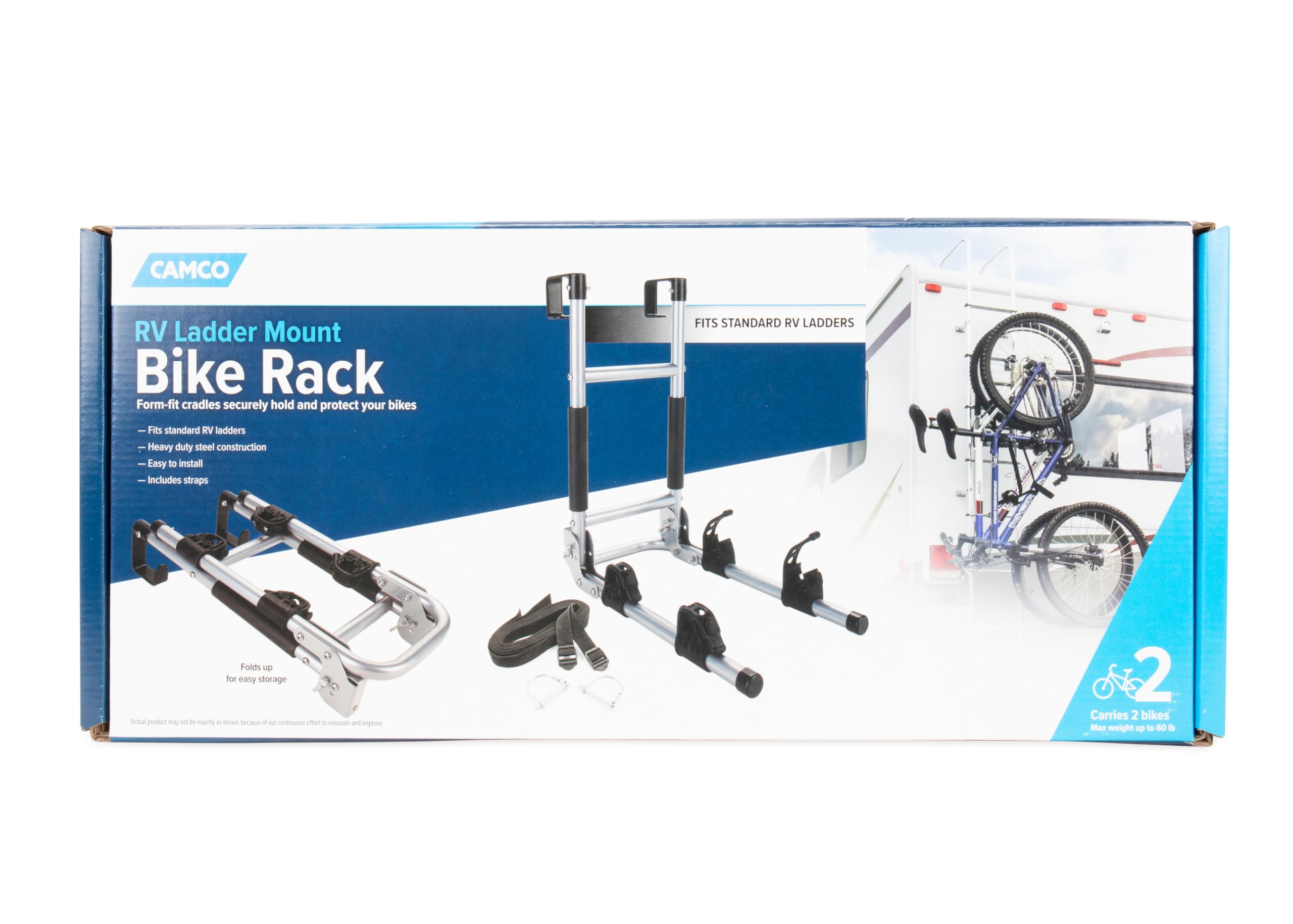 Camco RV Ladder Mount Bike Rack - Easily Holds 2 Bikes & Folds for Convenient RV Storage - Max Weight Capacity of 60 lbs - Desig