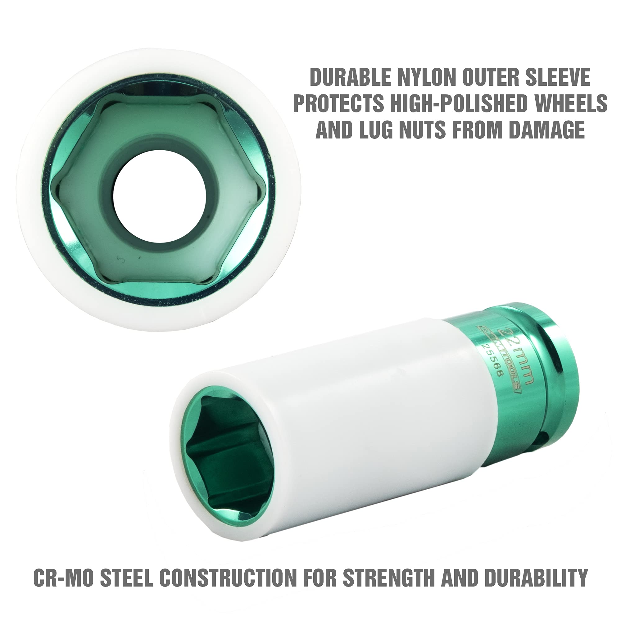 Oemtools 25568 1/2 Inch Drive 22Mm Non-Marring Lug Nut Socket, Protects Lug Nuts From Damage, Color-Coded And Clearly Marked Tir