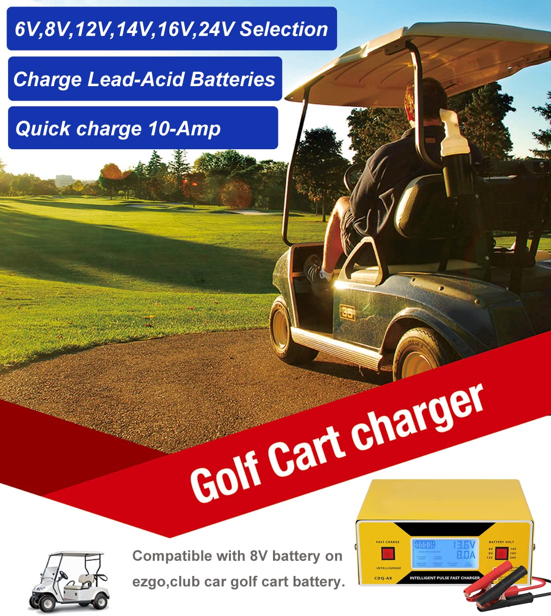 Car Battery Charger Automatic, 6/8/12/14/16/24V Adjustable Voltage Battery Charger 0-10A, Battery Maintainer, Smart Trickle Char