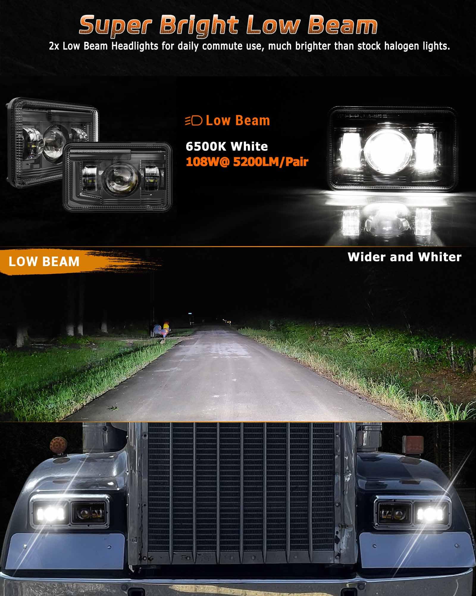 Z-Offroad Dot Approved 4X6 Led Headlights Assembly Hi/Lo Sealed Beam Compatible With Kenworth T800 T600 Peterbilt 379 Freightliner Chevy Oldsmobile Cutlass H4651 H4652 H4656 H6545 H4666, 4Pcs-Black