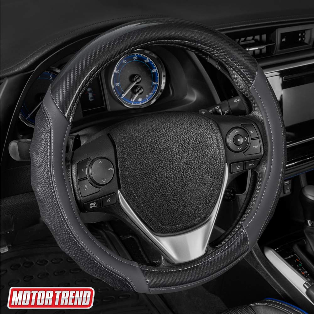 Motor Trend Ultrasport Gray Carbon Fiber Steering Wheel Cover, Standard 15 Inch Size, Black Faux Leather Comfort Grip, Car Steer