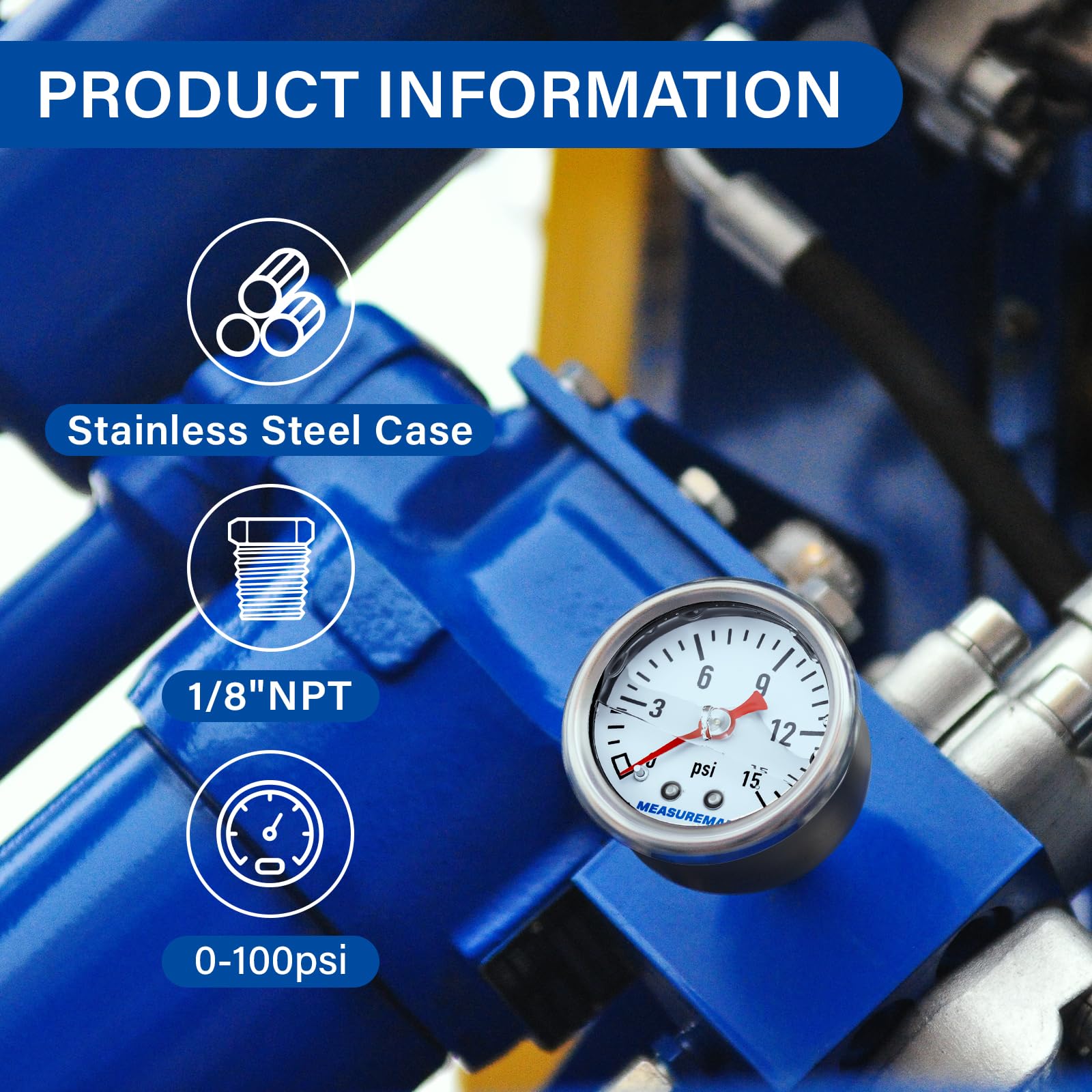 Measureman 1-1/2'' Dial Size, Glycerin Filled Fuel Pressure Gauge, 304 Stainless Steel Case, 0-15Psi, 3-2-3%, 1/8'' Npt Back Mou