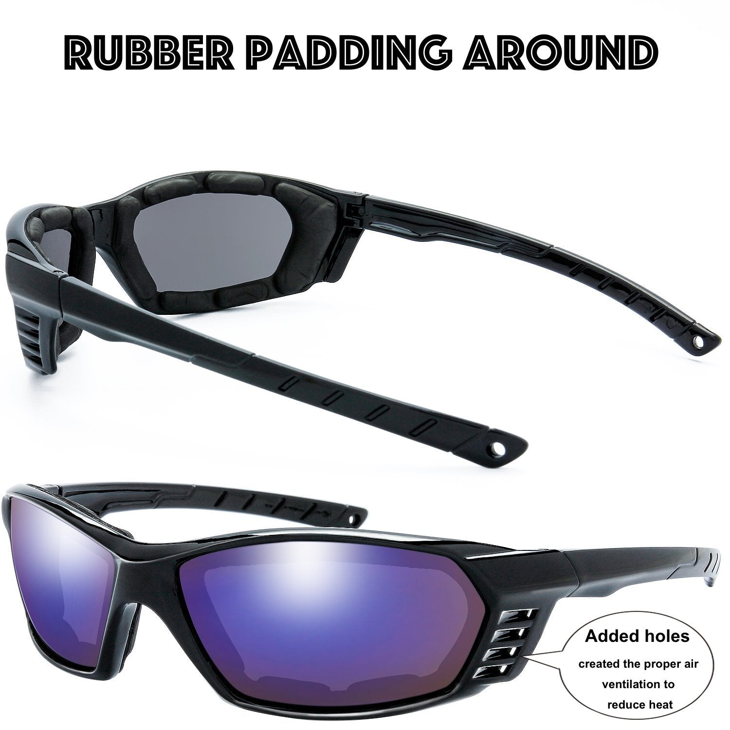 The Fresh 3 Pairs Motorcycle Riding Glasses Padded Frame Lens Block 100% UVB for Outdoor Activity Sport (10-Matte/Shiny Black, G