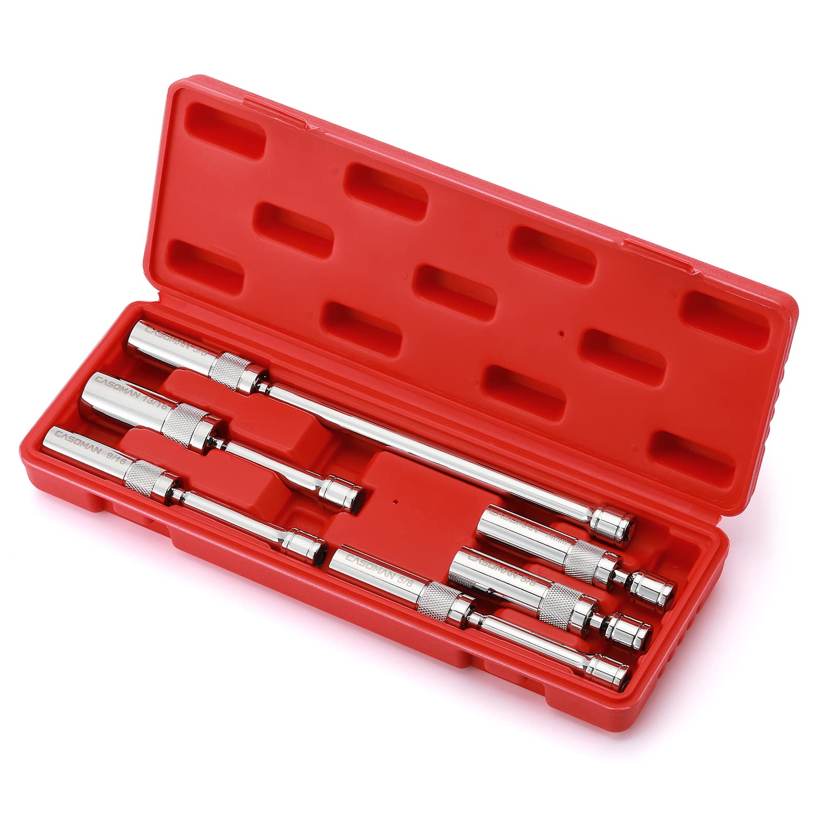 CASOMAN 6PCS 3/8-Inch Drive Magnetic Swivel Spark Plug Socket Set, Include 9/16-Inch, 5/8-Inch, 13/16-Inch, 14mm Socket, Length: