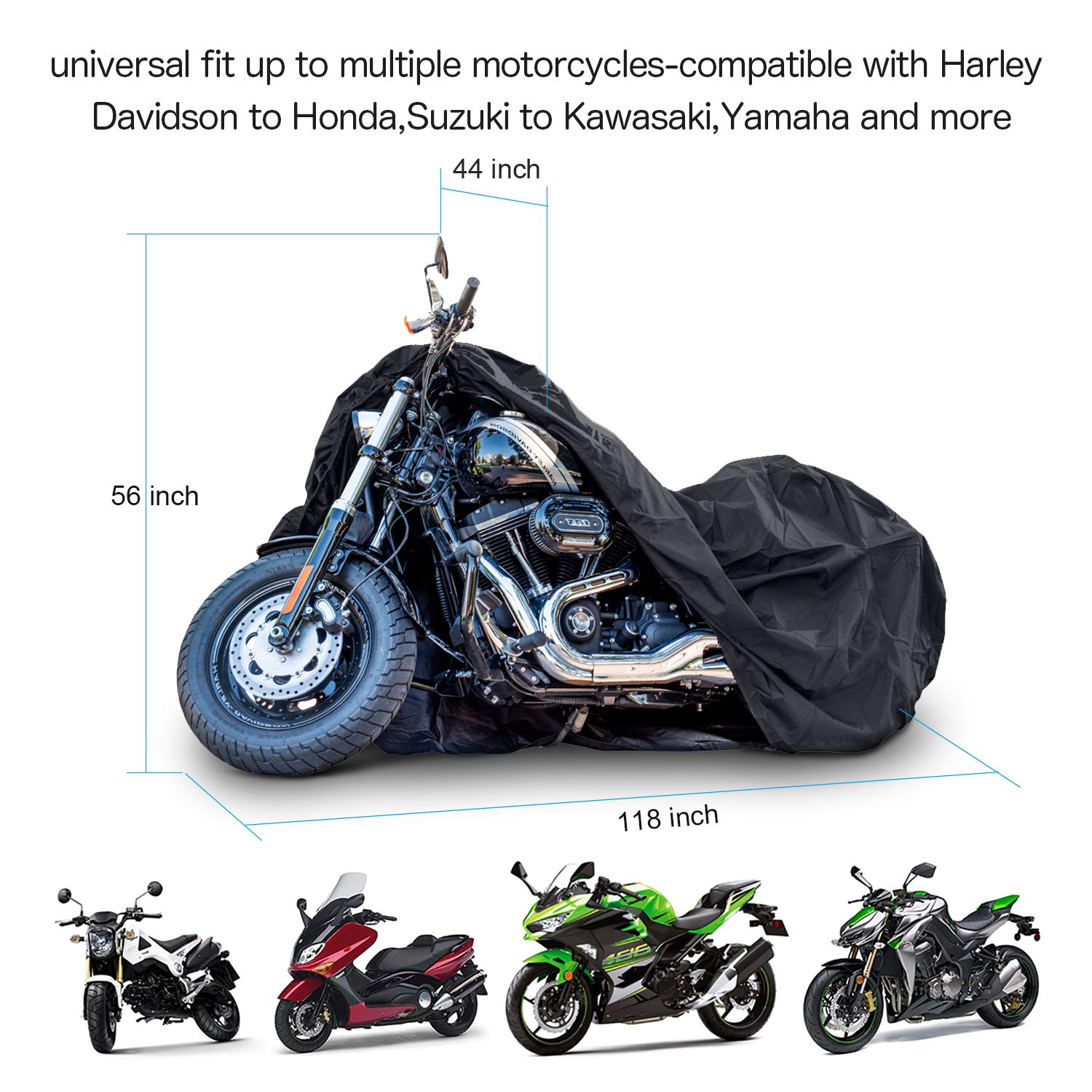 New Generation Motorcycle Cover ! XYZCTEM All Weather Black XXXL Large-Heavy Duty Waterproof Outdoor Protects Fits up to 118 inc