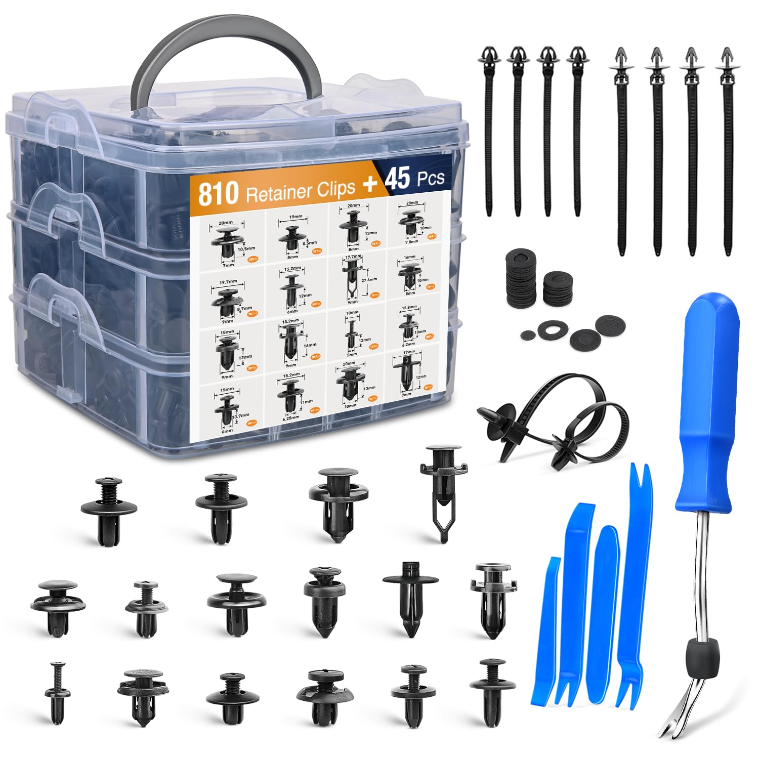 Gooacc 855Pcs Car Push Retainer Clips & Auto Fasteners Assortment -16 Most Popular Sizes Nylon Bumper Fender Rivets With Cable T