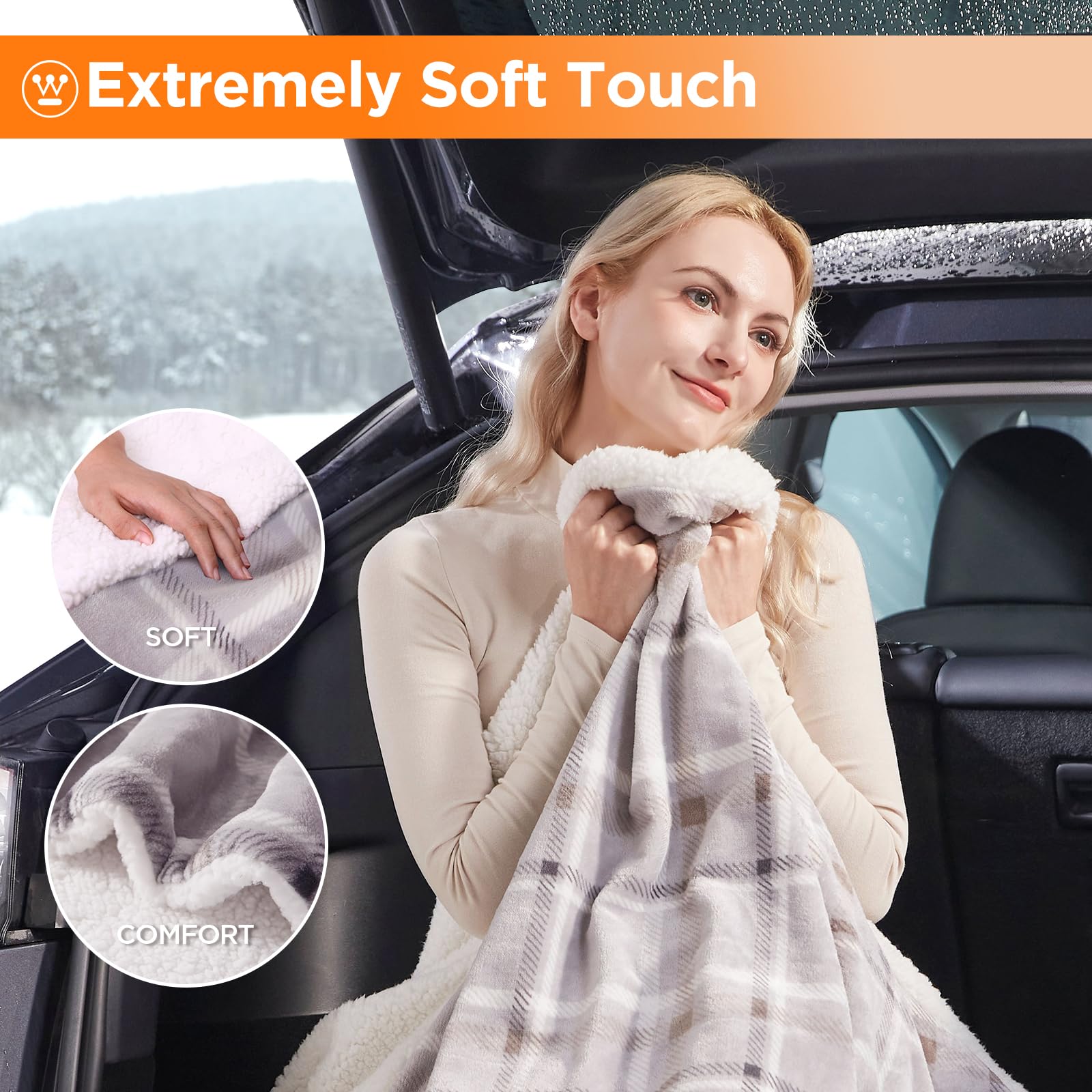Westinghouse Heated Car Blanket, 12-Volt Electric Blanket for Car, Truck, SUV, RV, Portable Heated Throw for Camping, Beige Buff