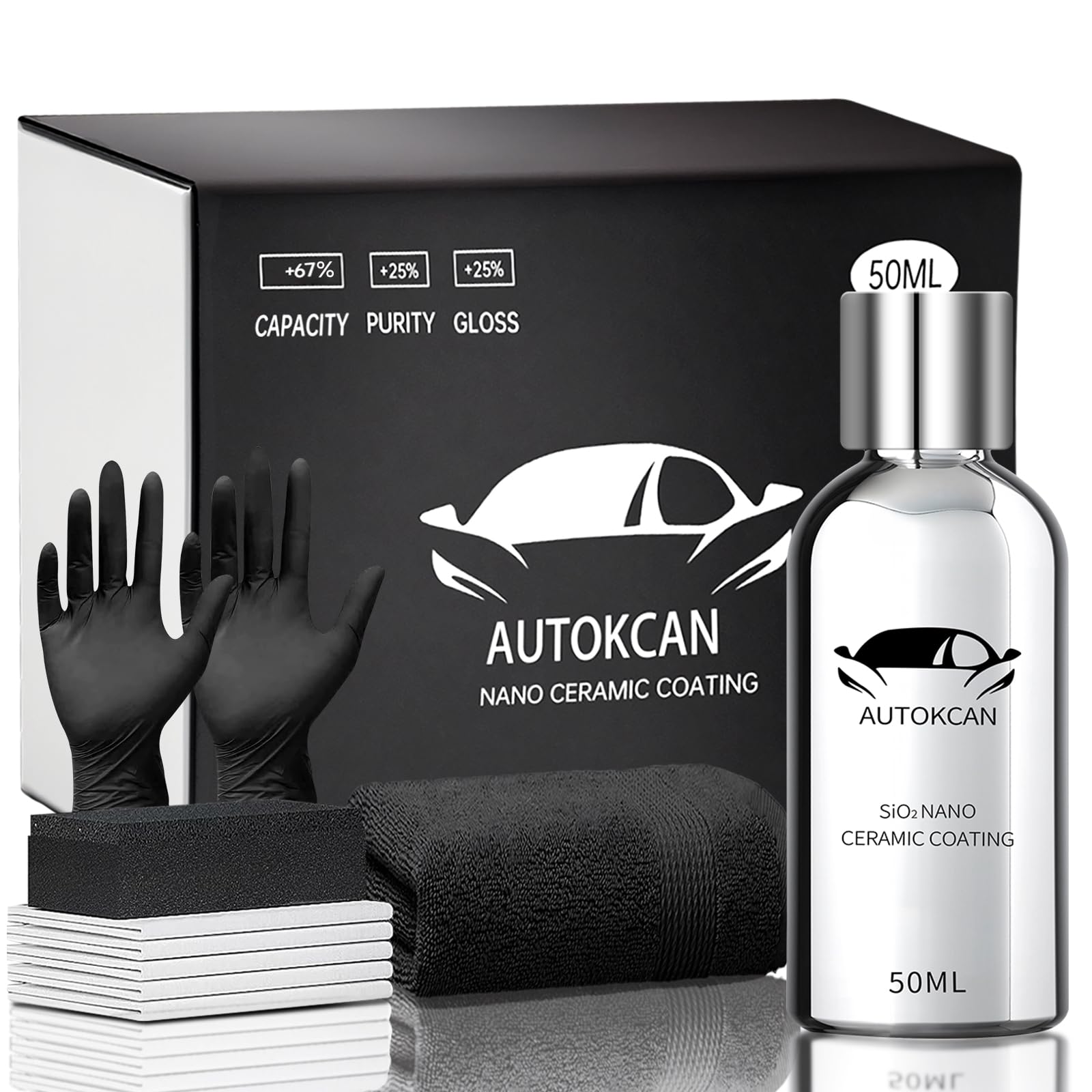 Autokcan Nano Ceramic Coating For Cars, 10H High Gloss 50Ml Anti-Scratch Sio2 Ceramic Coating Super Hydrophobic Mirror Paint Sealant Protection With Gloves 2 Years Warranty