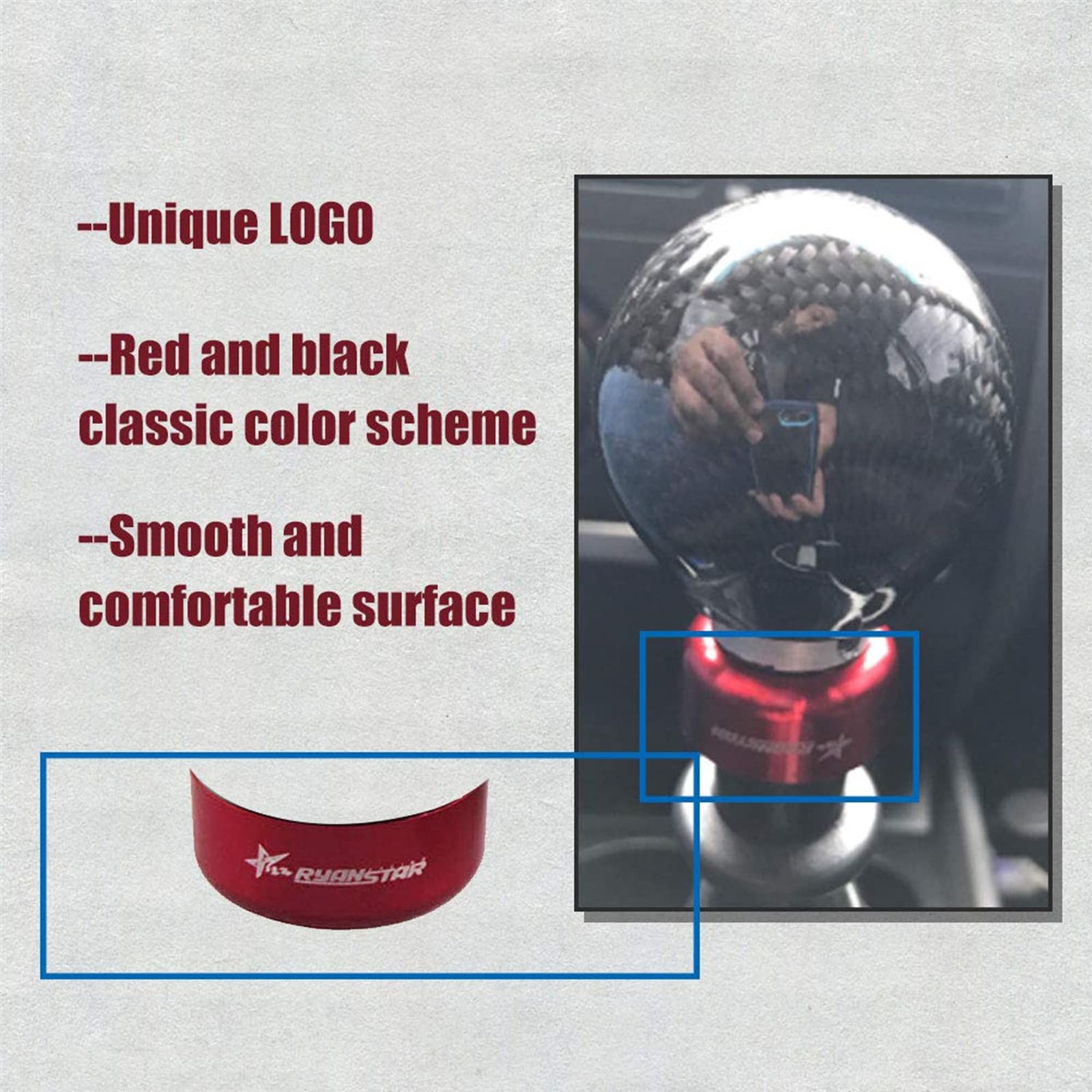 Ryanstar Carbon Fiber Shift Knob Round Ball Racing Gear Shift Shifter Knob, Head Manual Car With 8Mm/10Mm/11Mm Adapter