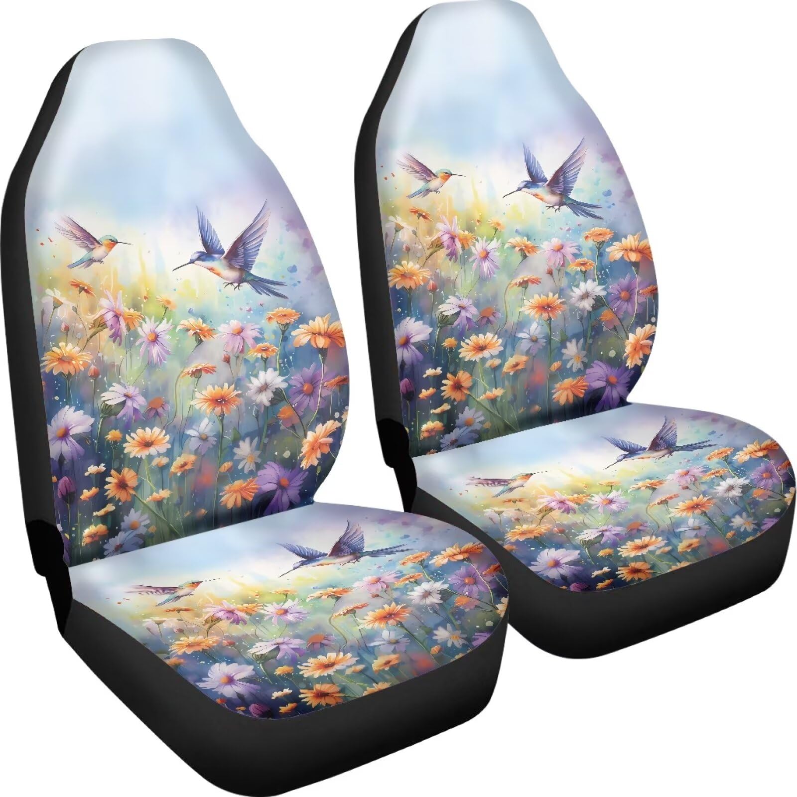Talayituse Hummingbird Daisy Print Car Seat Covers 2 Pcs, Auto Universal Front Seat Protector, Men Women Automobile Interior Dec