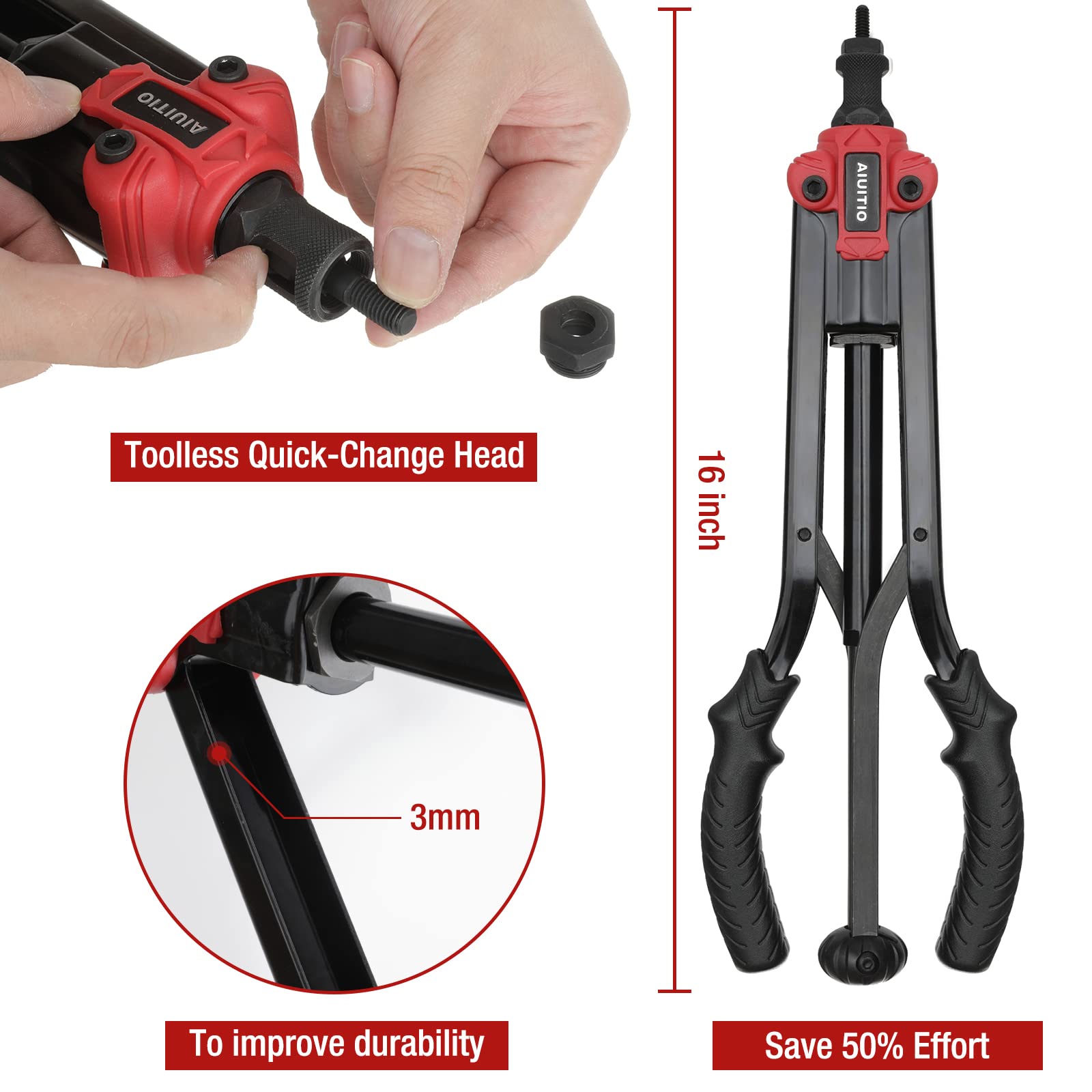 Aiuitio 16'' Rivet Nut Tool, Auto Release Nut Rivnut Tool Kit With 13 Metric And Sae Mandrels, Nutsert Rivet Tool Set With 130Pcs Rivnuts,Sturdy Plastic Case - 90% Time And Effort Saving