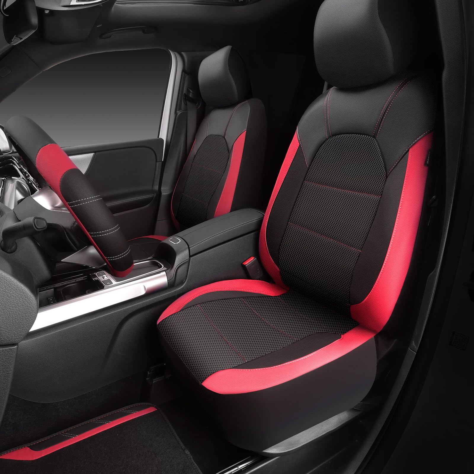 Car Pass Air Mesh Leather Car Seat Covers For Front Seats, Waterproof Car Floor Mats, Sporty Steering Wheel Cover, Universal Fit