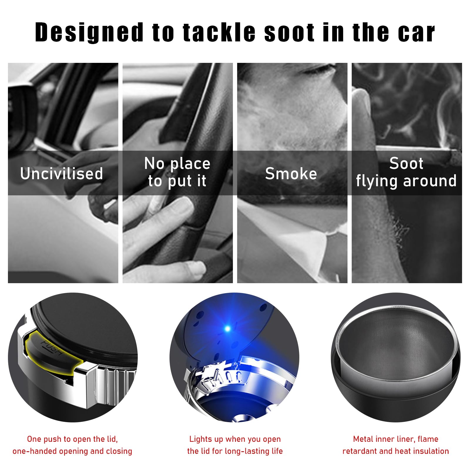 Dickno Car Ashtray with Lid, Detachable Stainless Smokeless Auto Ashtray, Portable Mini Vehicle Trash Can with LED Blue Light, U