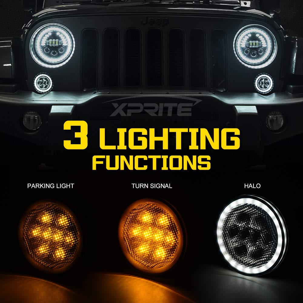 Xprite Smoked Lens Turn Signals Lights With Drl Halo, Led Front Grill Indicator Parking Lights Compatible With 2007-2018 Jeep Wr