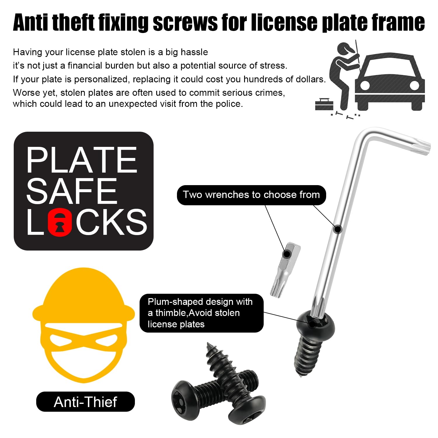 LivTee Anti Theft License Plate Screws Kit - M6 Tamper Proof Fasteners for Secure License Plate Frames - Black, Includes Nuts & Caps