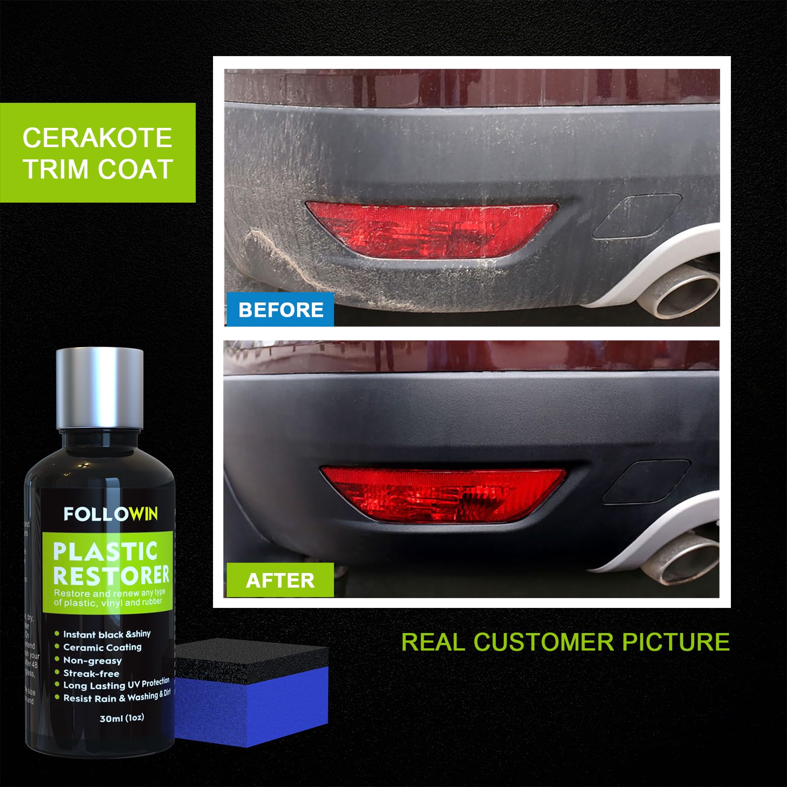 Followin Plastic Restorer For Cars Ceramic Plastic Coating Trim Restore, Resists Water, Uv Rays, Dirt, Ceramic Coating, Not Dressing, Hydrophobic Trim Coating, Highly Concentrated, 30Ml